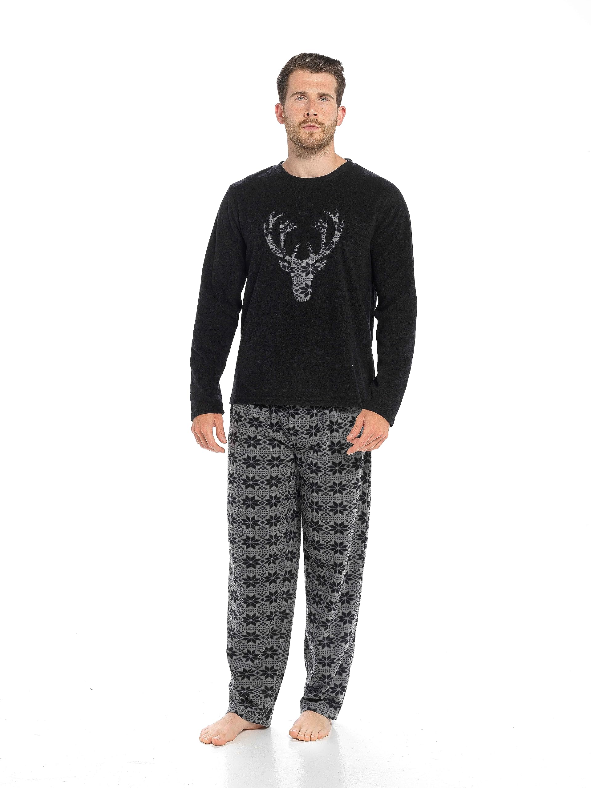 NikaroMens Stag Face Fleece Pyjamas Lounge Set with Crew Neck Top and Fair Isle Bottoms