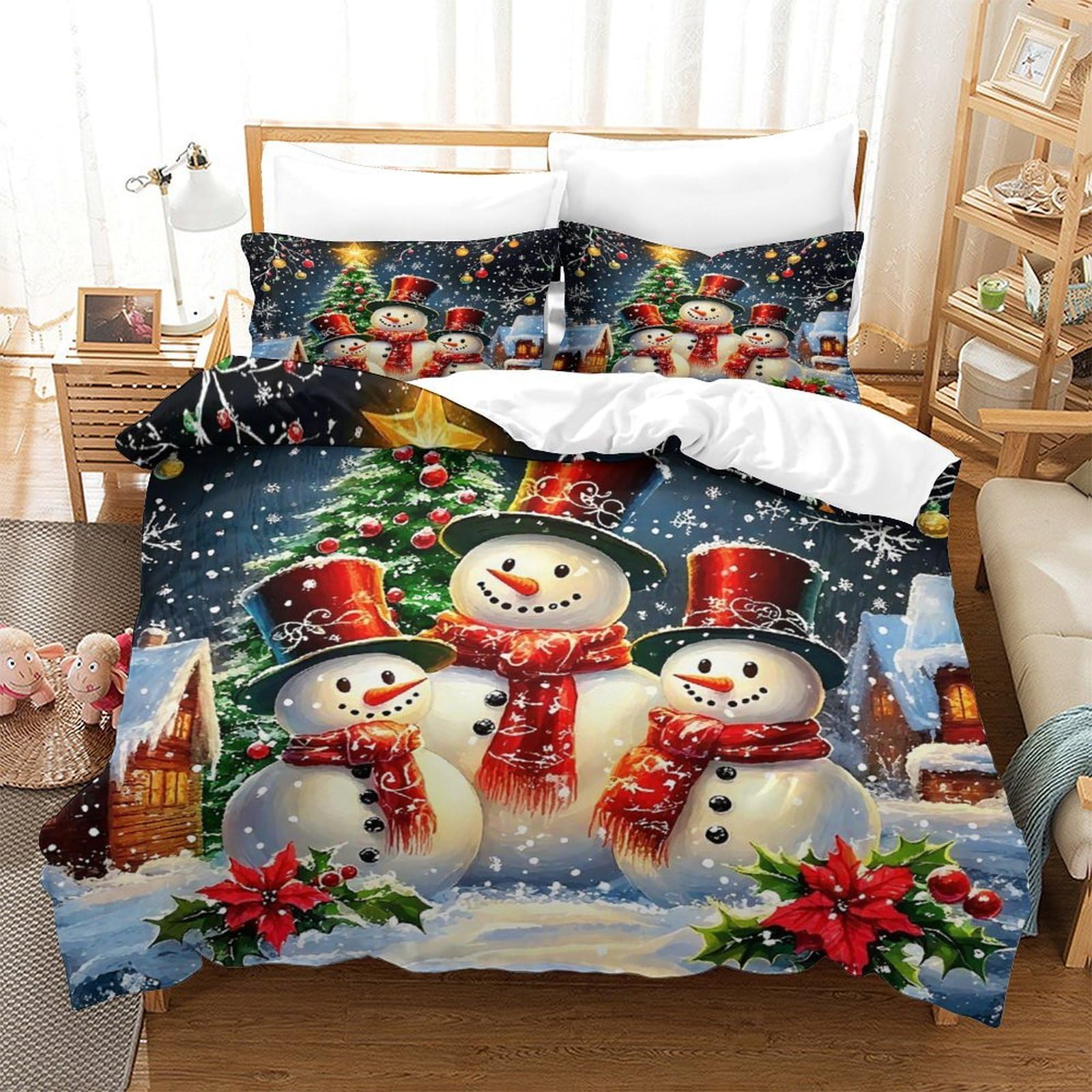 Qtivarlen Style-3 Merry Christmas Duvet Cover 3 Pcs With Pillowcases Hotel Quality Microfiber Hidden Design Hypoallergenic Easy Care Double（200X200cm）