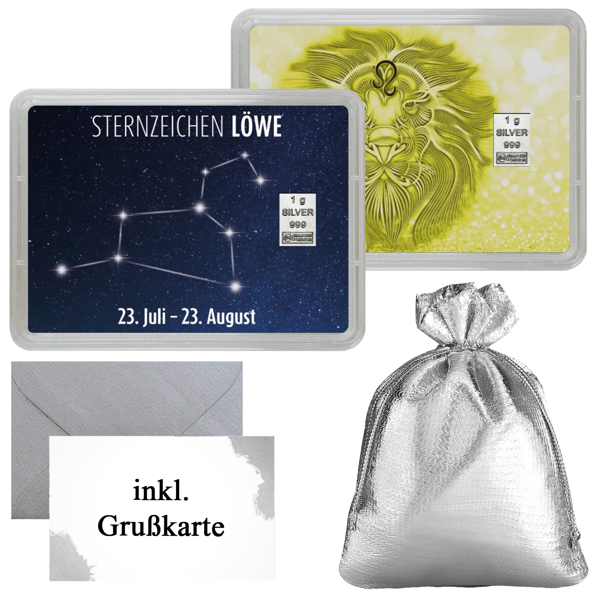 1g Silberbarren 999 Feinsilber – Sternzeichen Motivbox mit Flip-Motiv – Geschenkset inkl. Geschenkbeutel & Grußkarte – Echtheitsgarantie – Mitbringsel & Geschenkidee (Löwe)