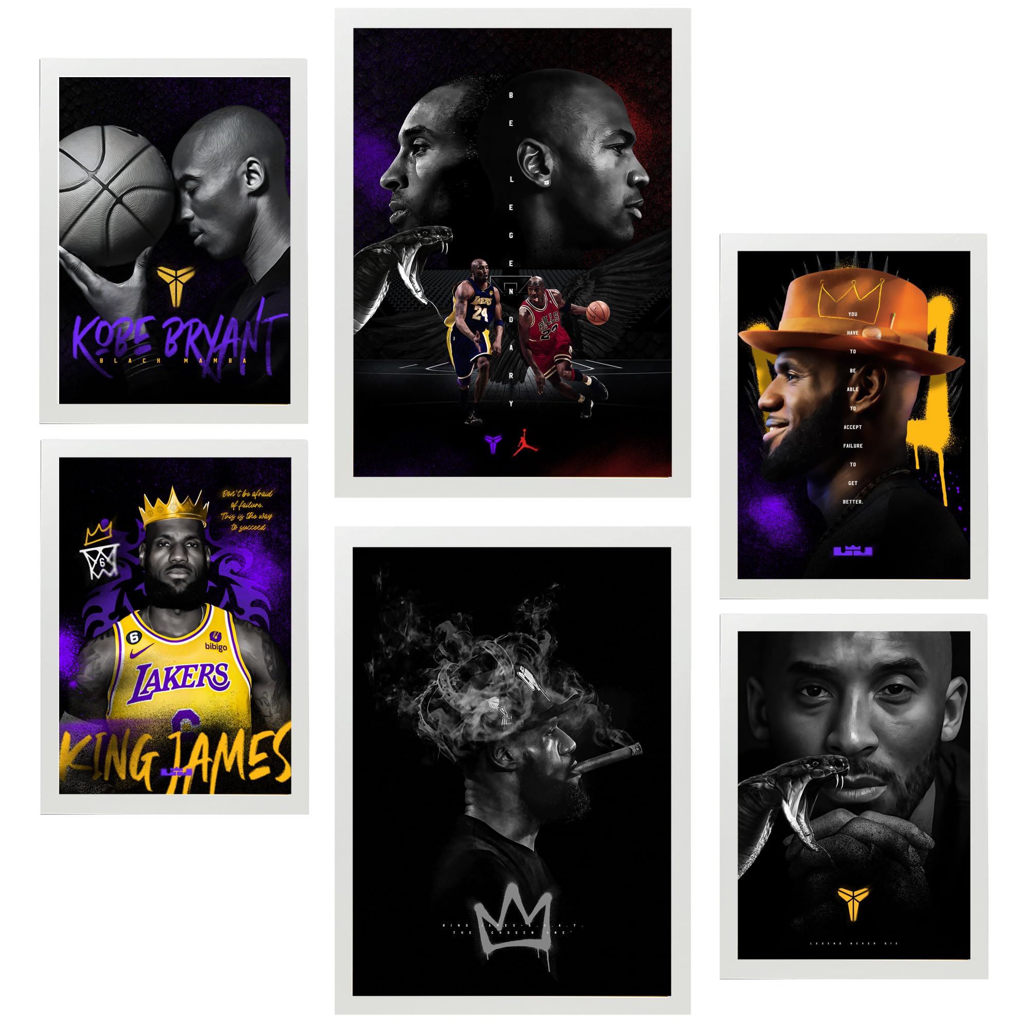 Nacnic Set of 6 Iconic Jordan Kobie Bryan Framed prints with design illustration to decorate walls of home Room office A3 & A4 White Frame