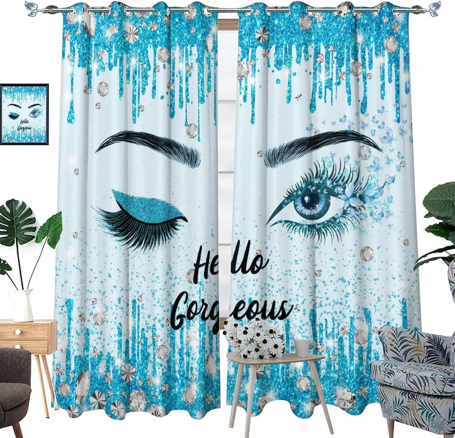 Blue Hello Gorgeous Eyelash Blackout Curtain Women Modern Makeup Theme Dripping Glitter Print Grommet Window Insulated NoiseDrapes Decor for Bedroom Living Room Curtains 2 Panels 63" L x 27.5" W