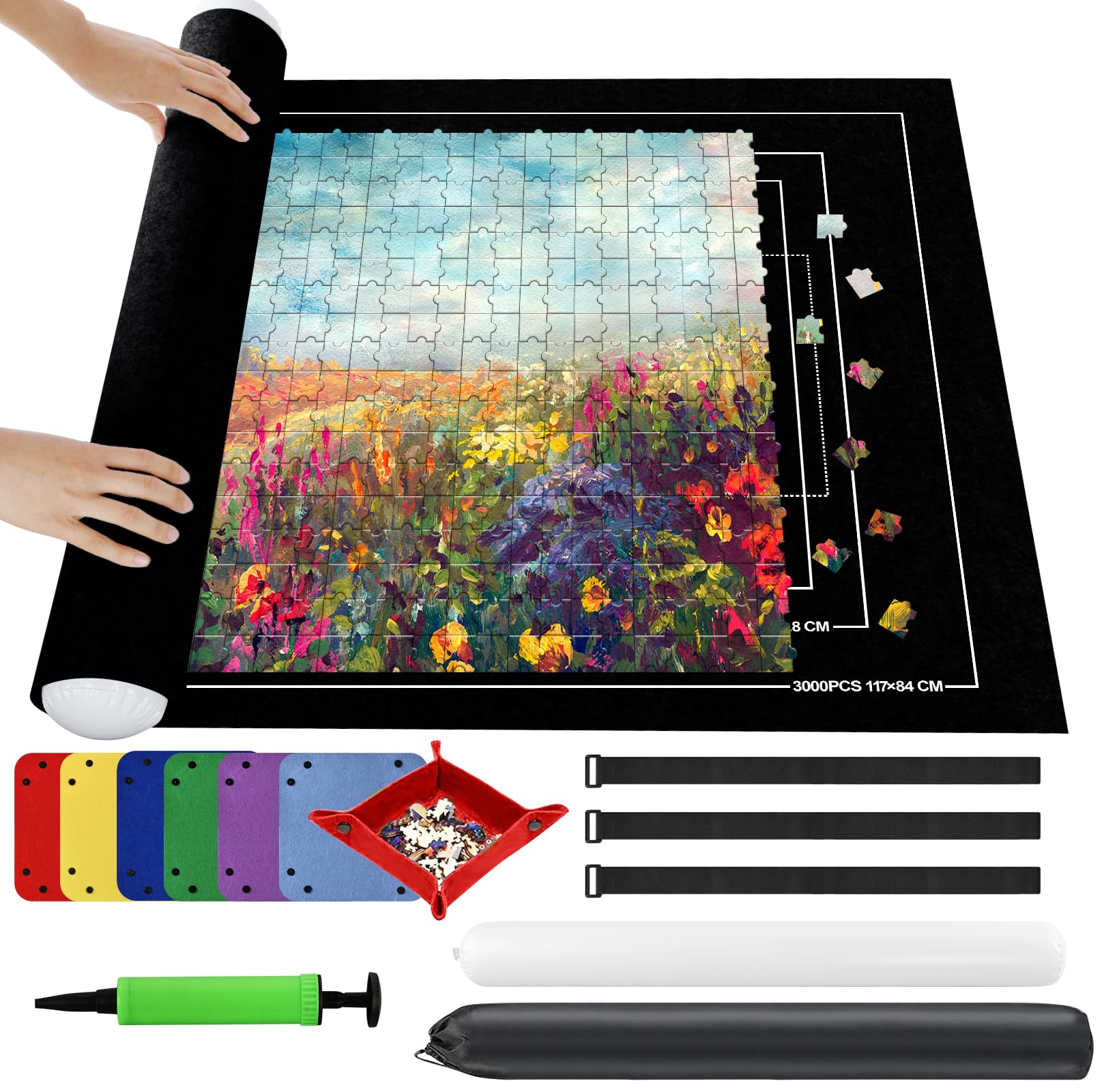 AinivPuzzle & Roll Felt Mat, Portable Jigsaw Puzzle Storage with Auxiliary Lines for up to 3000 Pcs, Foldable Mat with Inflatable Pump
