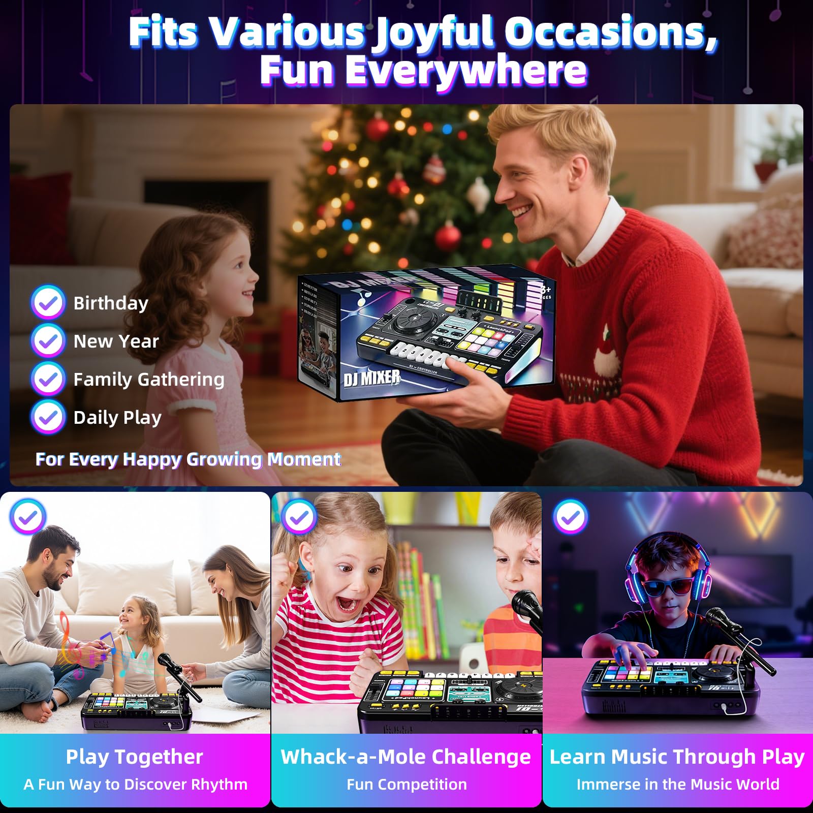 Console DJ Bambini, Mixer DJ Musicale Multifunzione, Kidi Mixer Audio con Bluetooth, Microfono, Giochi di Luci, Ricarica USB, Adatto per Bambini di 3-10 Anni, Giocattolo per Feste in Famiglia
