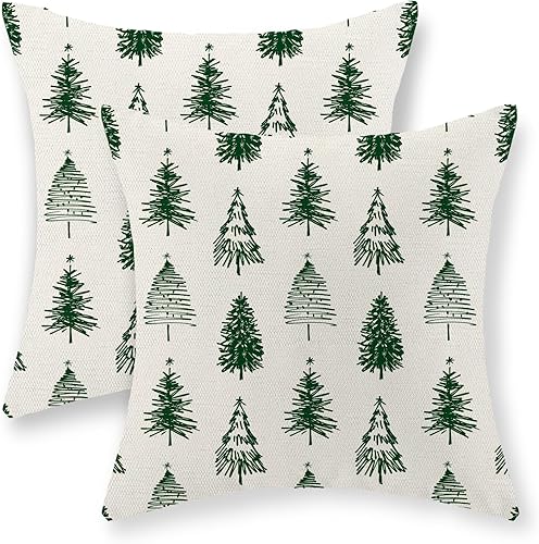 Juego de 2 fundas de almohada de Navidad de 18 x 18 pulgadas, decoración navideña, fundas de almohada de lino con árbol de Navidad geométrico verde, Juego de 2 fundas de almohada de Navidad de 18 x 18 pulgadas, decoración navideña, fundas de almohada de lino con árbol de Navidad geométrico verde,