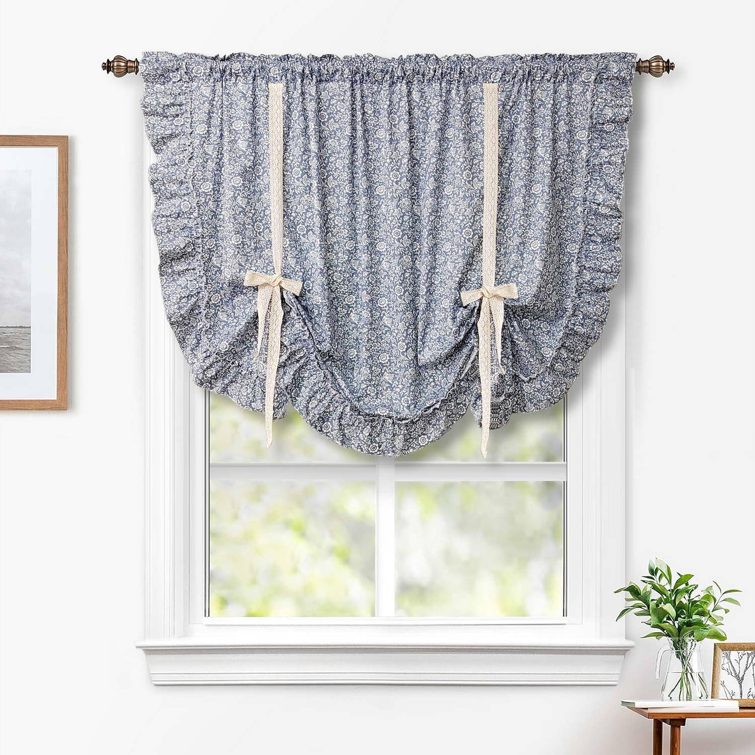 Floral Tie Up Curtain 47 Inch Length Adjustable Balloon Curtain Voile Valance for Kitchen Bathroom Light Filtering Farmhouse Valance Roman Shade Living Room Small Window 1 Panel 59 x 47 inch