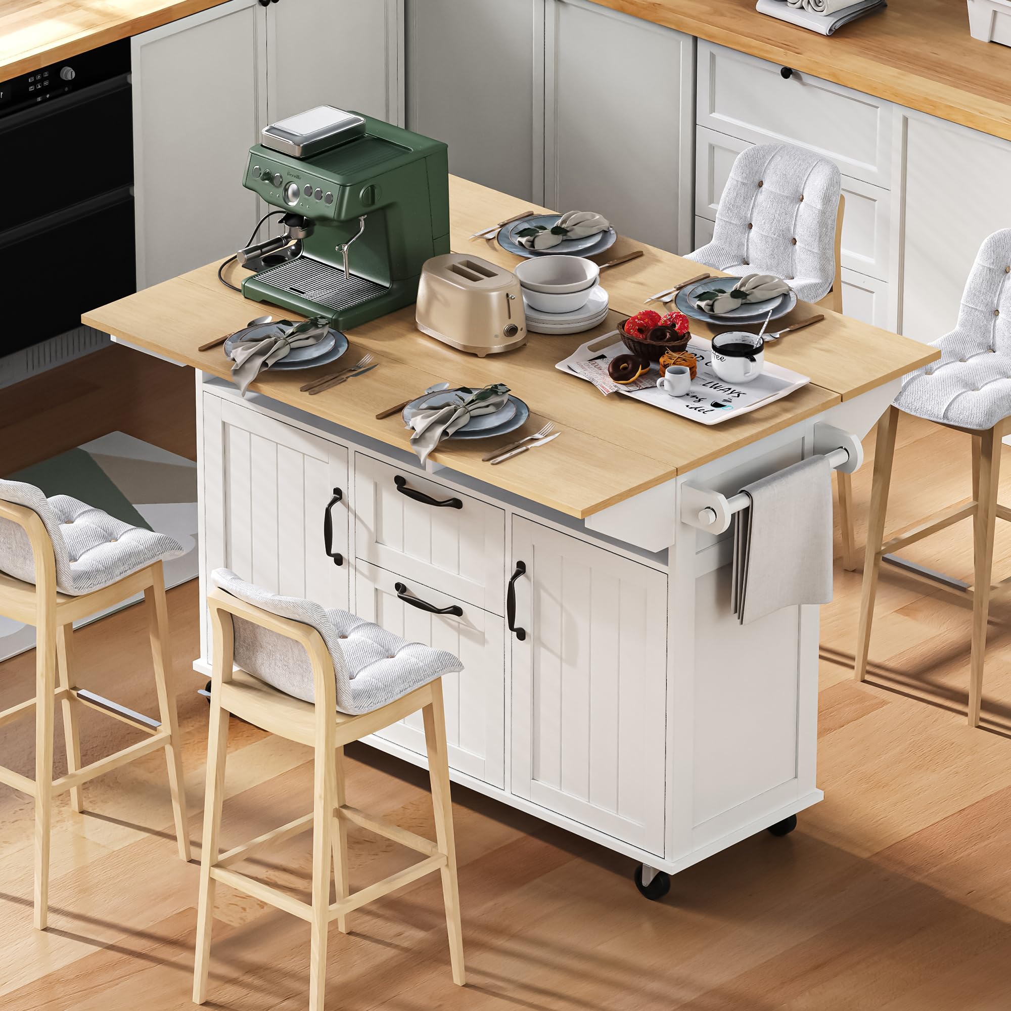 Kücheninsel mit Rollen & Ausziehbarem Esstisch – Mobile Kücheninsel mit Steckdosenleiste, Abfallbehälterfach & Handtuchhalter, Servierwagen mit Stauraum für Küche & Esszimmer, Schwarz (White, B)