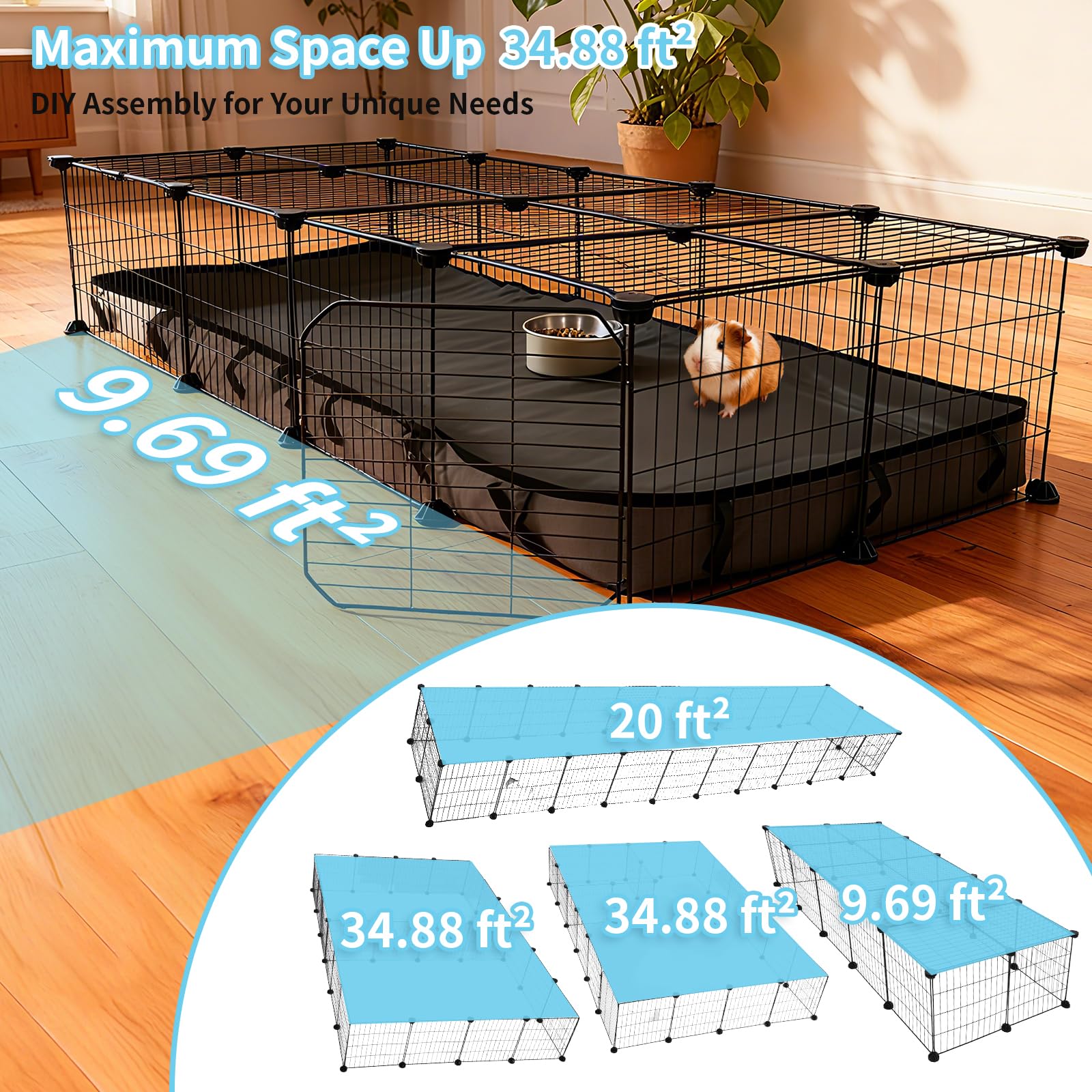 Jaula grande de 24 paneles para cobayas con alfombrilla impermeable, 60 x 24 x 12 pulgadas, jaula C & C para conejillos de indias, valla de metal portátil para erizos, codornices, pollos, conejos