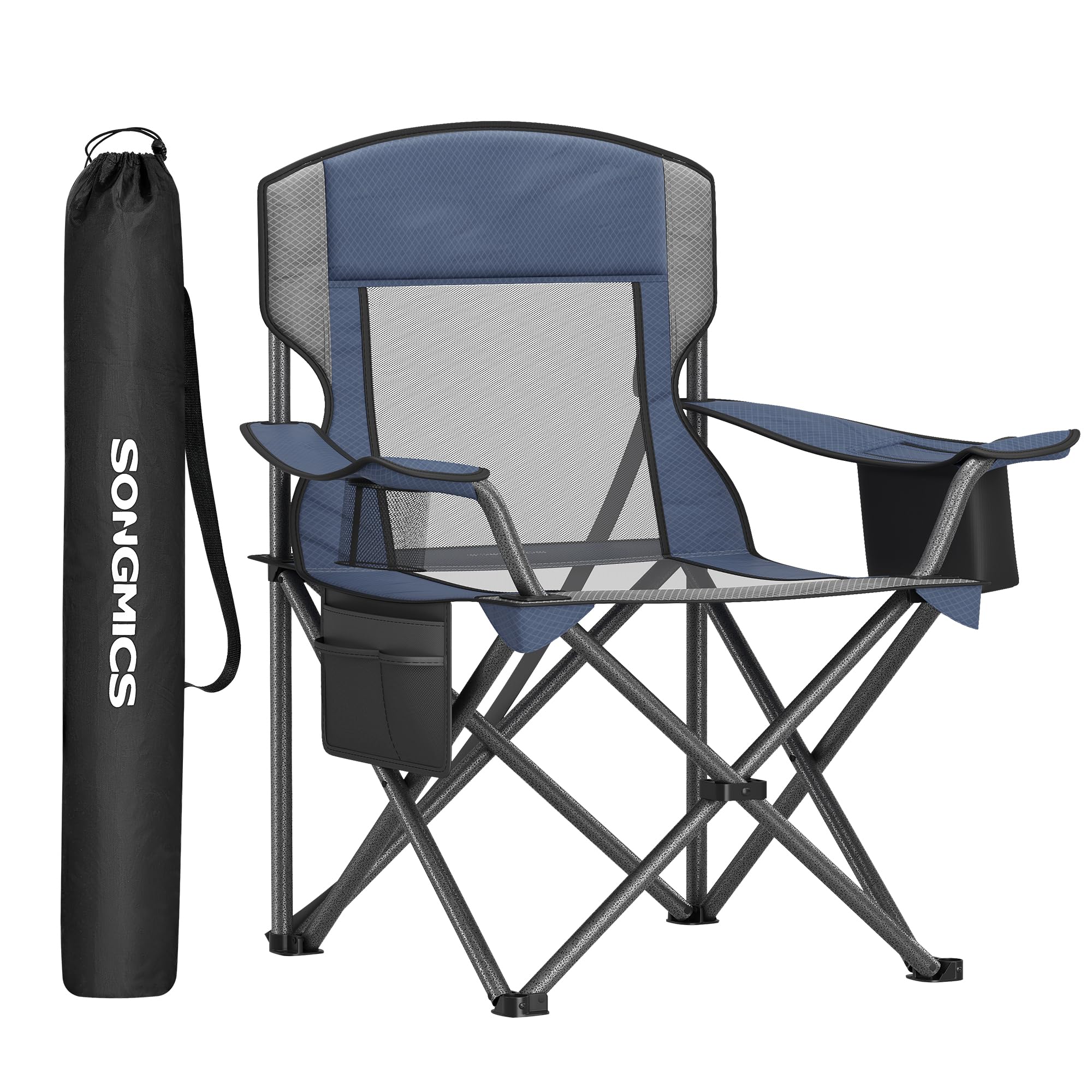 SONGMICS Camping Chair, Folding Oversized Chair, Comfortable and Heavy-Duty, 352 lb Weight Capacity, Adjustable Armrests with Cooler Bag, Storage Bag, Breathable Mesh, Bijou Blue UGCB060Q01