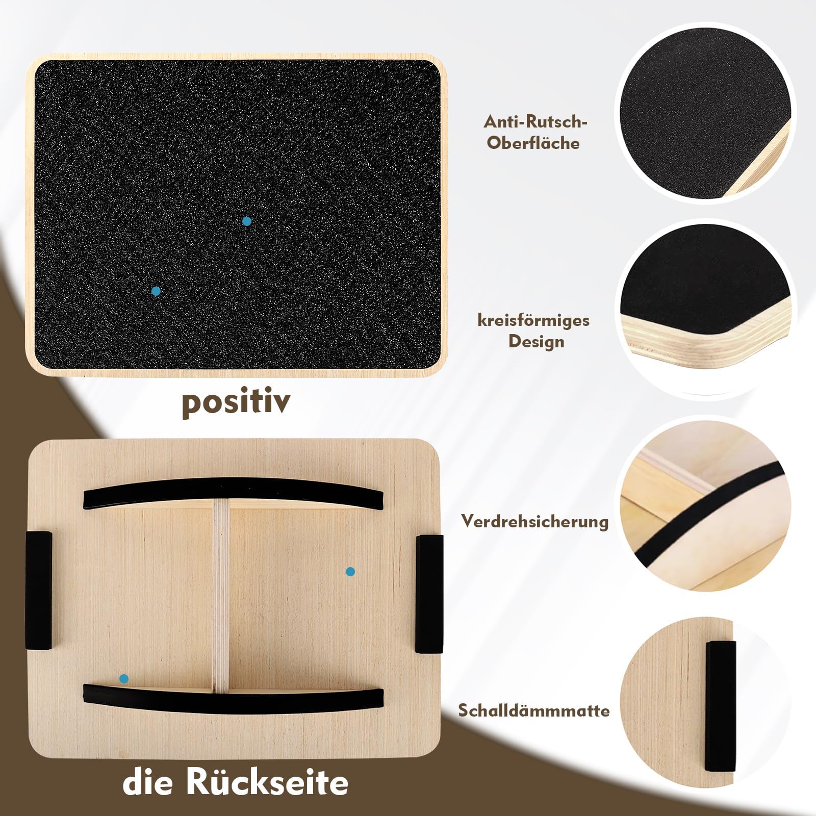 Balance Board aus Holz - Premium Balance Board & Wackelbrett für Erwachsene, Rutschfester Gleichgewichtstrainer mit Körperbalance-Übung, 33×42 cm Monobrett (Schwarz, Naturholz)