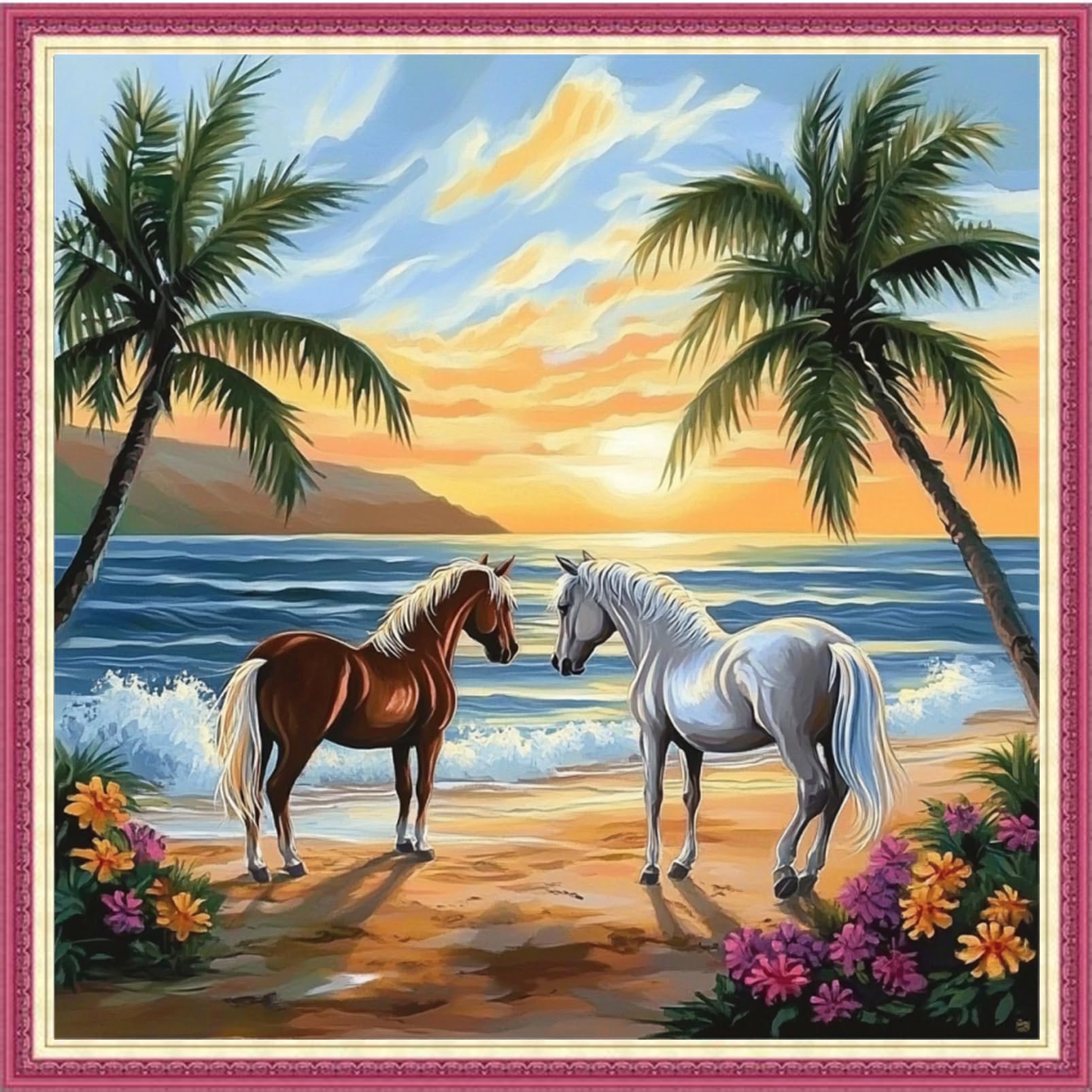Fanxvivy Stamped Cross Stitch Kits for Beginners Full Range of Cross Stitching Preprinted Embroidery Kits for Adults, 11CT Embroidery Pattern Needlepoint Kits- Seaside Couple Horse 18×18 inch
