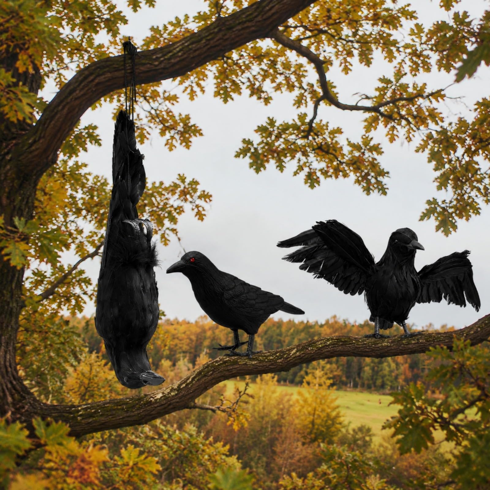 SiliFine 3 Pack Halloween Large Hanging Dead Crows Decoy Decorations