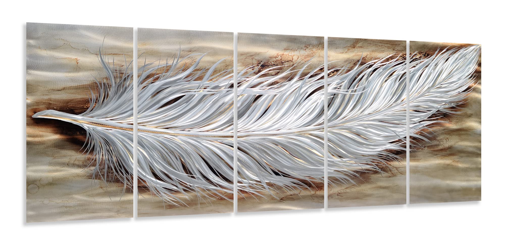 Yihui Arts Rustic Feather Metal Wall Art, Brown and Silver Aluminum Artwork, 5 Panels Artwork for Living Room Farmhouse Dinning Office Decor