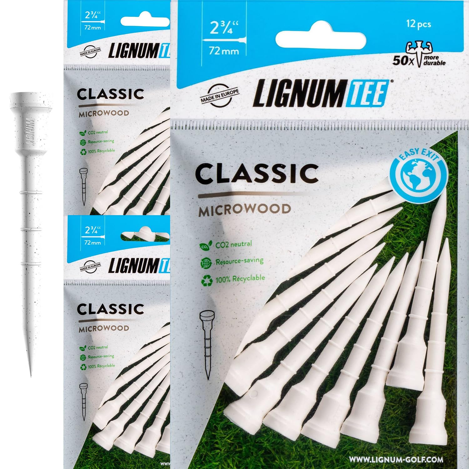 LIGNUM Tee - Classic Golf Tees - White 72mm - 12pcs/bag (Pack of 3)