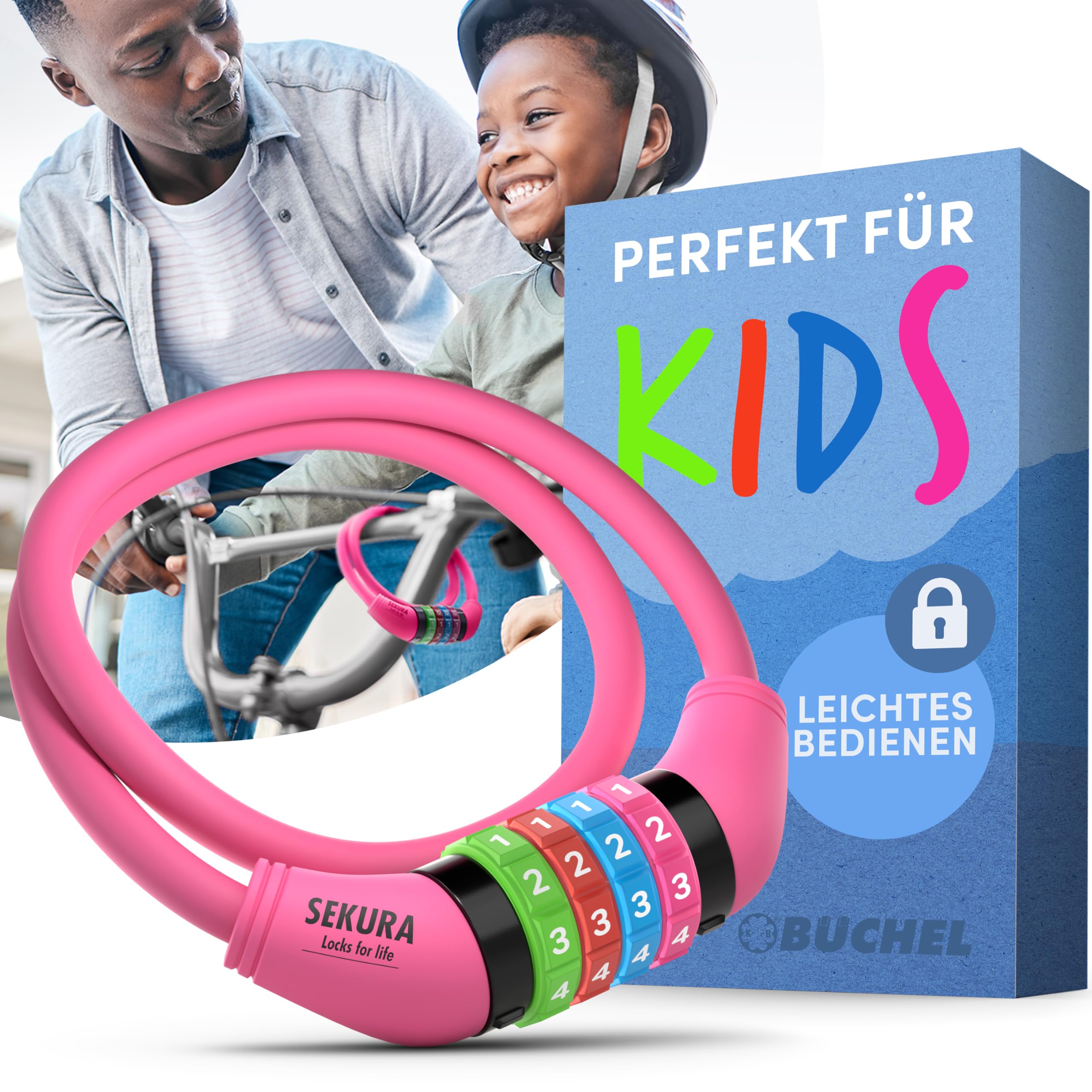 Büchel Bike Locks Cable for Kids - Colorful & Keyless - Secure Your Child's Bike - Easy-to-Use Bicycle Accessory, High Security 5 Digit Resettable Combination Coiling Bicycle Lock, Anti Theft