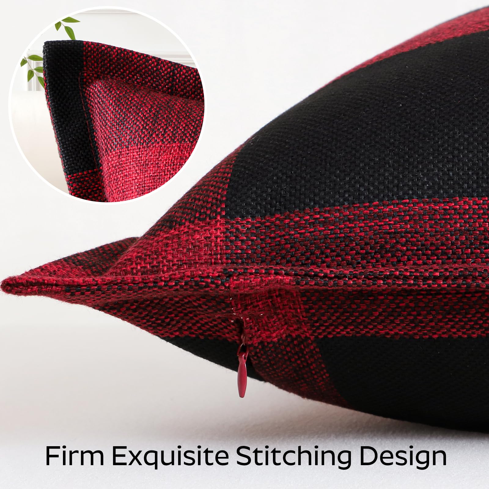 Sungeek Buffalo Check Plaid Cushion Covers 40 x 40 Set of 2 Linen Christmas Tartan Decorative Square Pillow Covers with Stitched Edge for Sofa Couch Bed Living Room 16x16 Inch (Black and Red) - Image 3