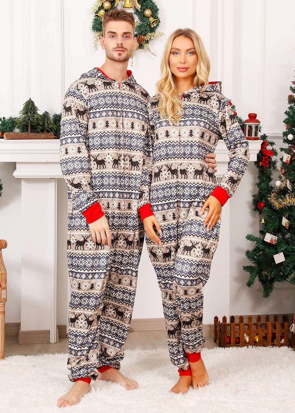 VNVNE Matching Christmas Onesie Pajamas Set for Family/Couples/Women/Men, One Piece Xmas Pjs Hooded Zipper Printed Sleepwear - Image 3