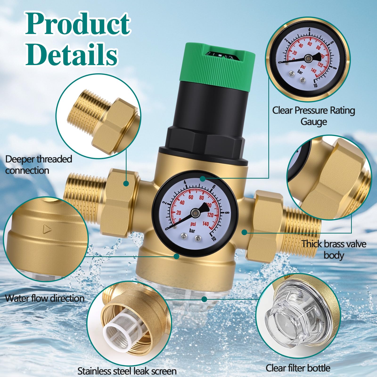 Reducteur de Pression Eau 3/4" DN20, Réglable Reducteur de Pression Eau avec Manometre Pression Eau Et Filtre à Mailles, Réducteur de Pression D'eau pour Filtrer Les Impuretés Dans L'eau