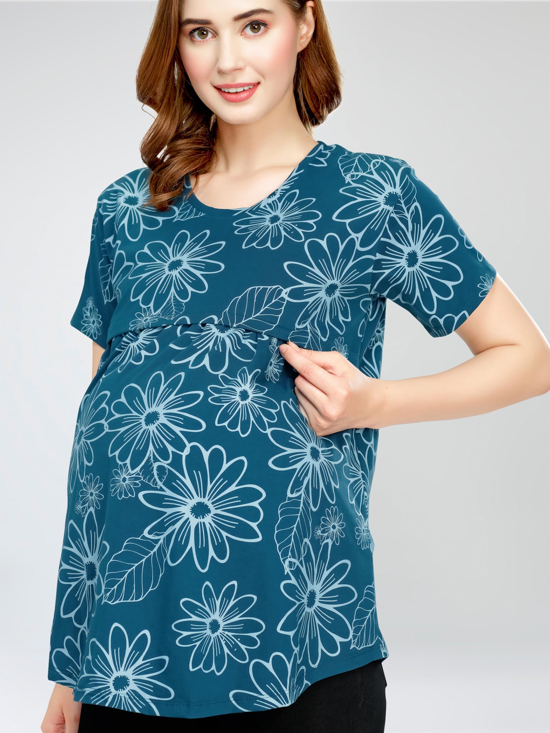 ZEYO Women's Cotton Teal Blue Maternity Top Floral Printed Feeding T-Shirt 5814 - Image 2 thumbnail