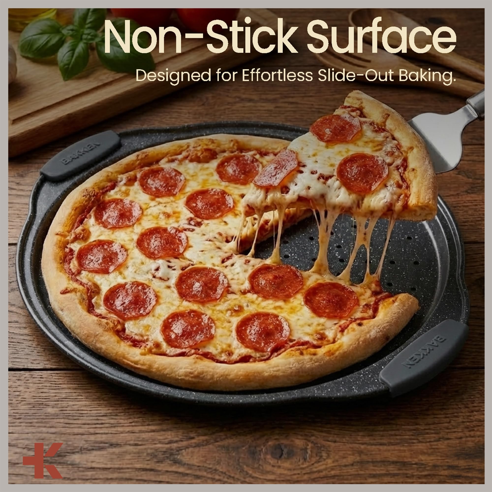 Bakken - Molde para hornear pizza, redondo de acero al carbono perforado con revestimiento de mármol antiadherente, mango de silicona de gran tamaño, apto para lavavajillas, resistente a altas