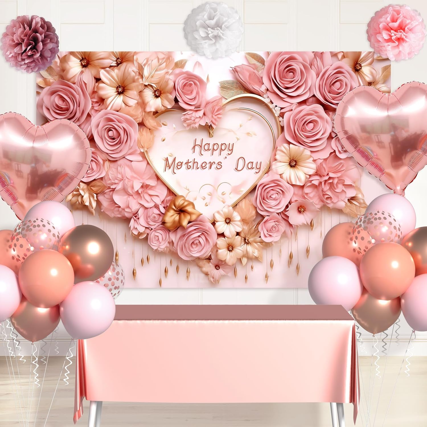 Mother's Day Decorations - Rose Gold Mothers Day Balloon Sets with Happy Mothers Day Backdrop/ Balloons/ Paper Balls/ Tablecloth/ Heart Foil Balloons for Mothers Day Party Favors