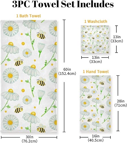 Miniatura 2 de Juego de 3 toallas de baño de flores blancas y abejas, 1 toalla de baño, 1 toalla de mano, 1 toalla, suave, versátil, elegante, toalla de baño