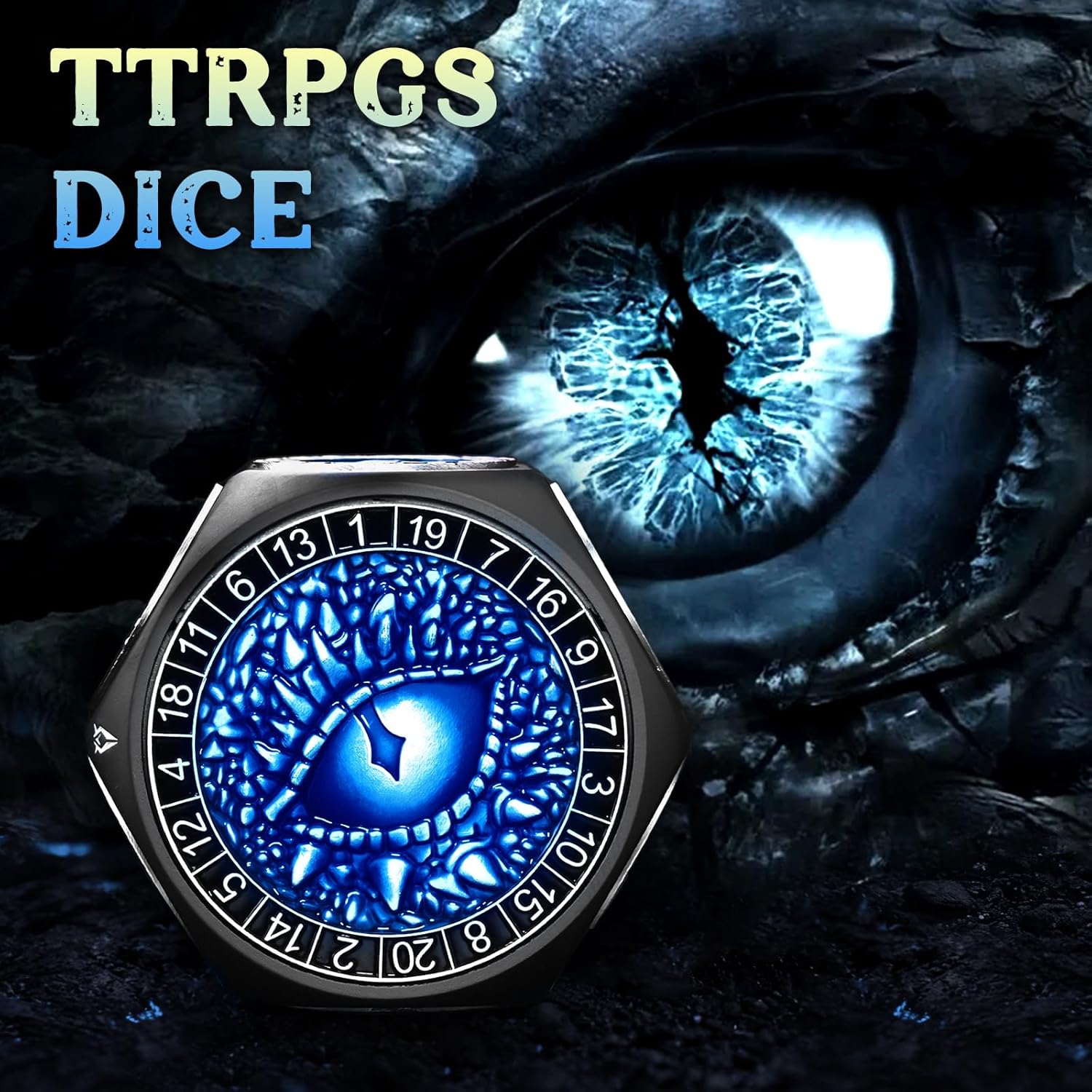 ZHOORQI 8-in-1 DND Dice Set – Metal Spinner Dice with Dual D20, 3D Monster Engravings & Smooth Spinning – Perfect for TTRPG, D and D Dungeons and Dragons Gifts(Black Dice- Blue)