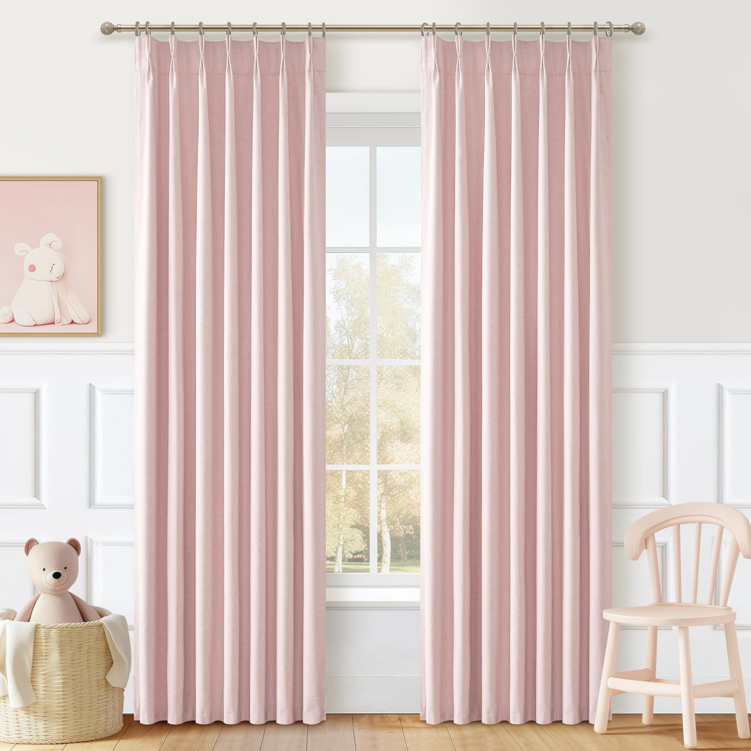 Baby Pink Modern Pinch Pleated Curtains & Drapes 84 Inch Length 2 Panels Set for Living Room, Blackout Thick Linen Blend Thermal Privacy Baby Girls Room Window Curtain with Hooks Ring 40"x84" โ image 1