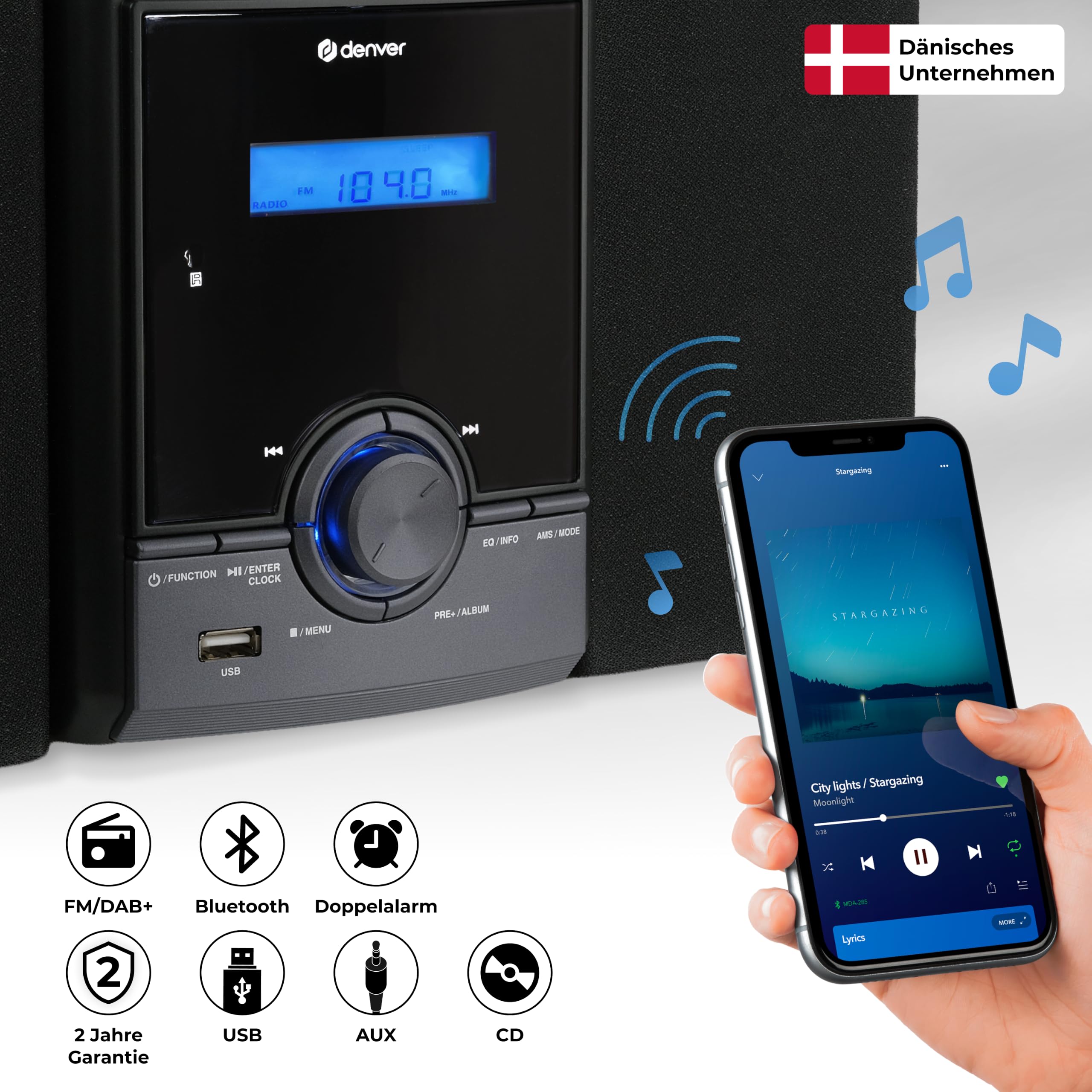 Denver MDA-285 Musiksystem – DAB+ & FM Radio mit CD-Player, Bluetooth & AUX, Echtholz-Gehäuse, 2 x 2W Stereo-Lautsprecher, Fernbedienung