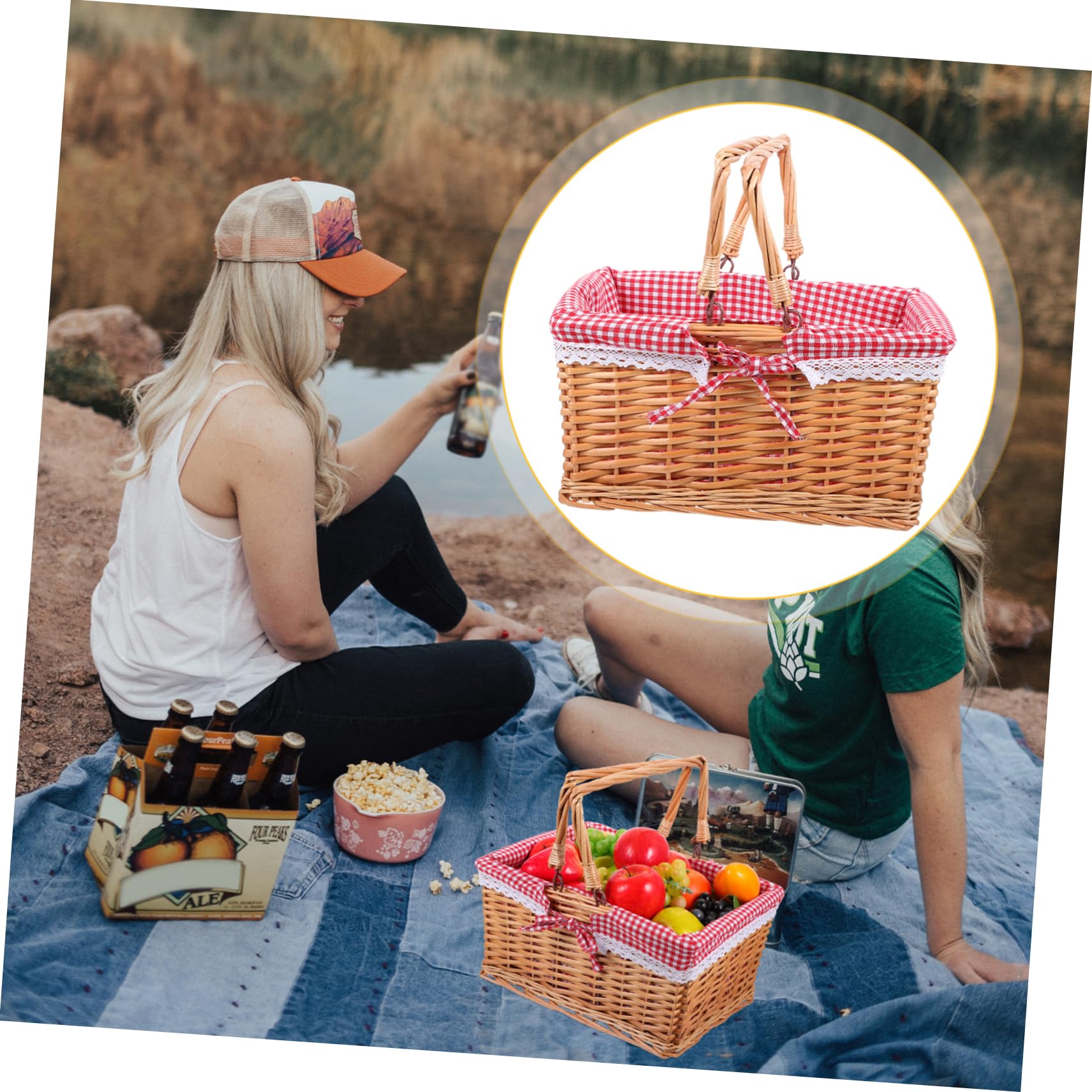 Cabilock Cesta De Mimbre para Almacenamiento Cesta De Picnic con Asas Tejida De Mimbre Forro De Tela