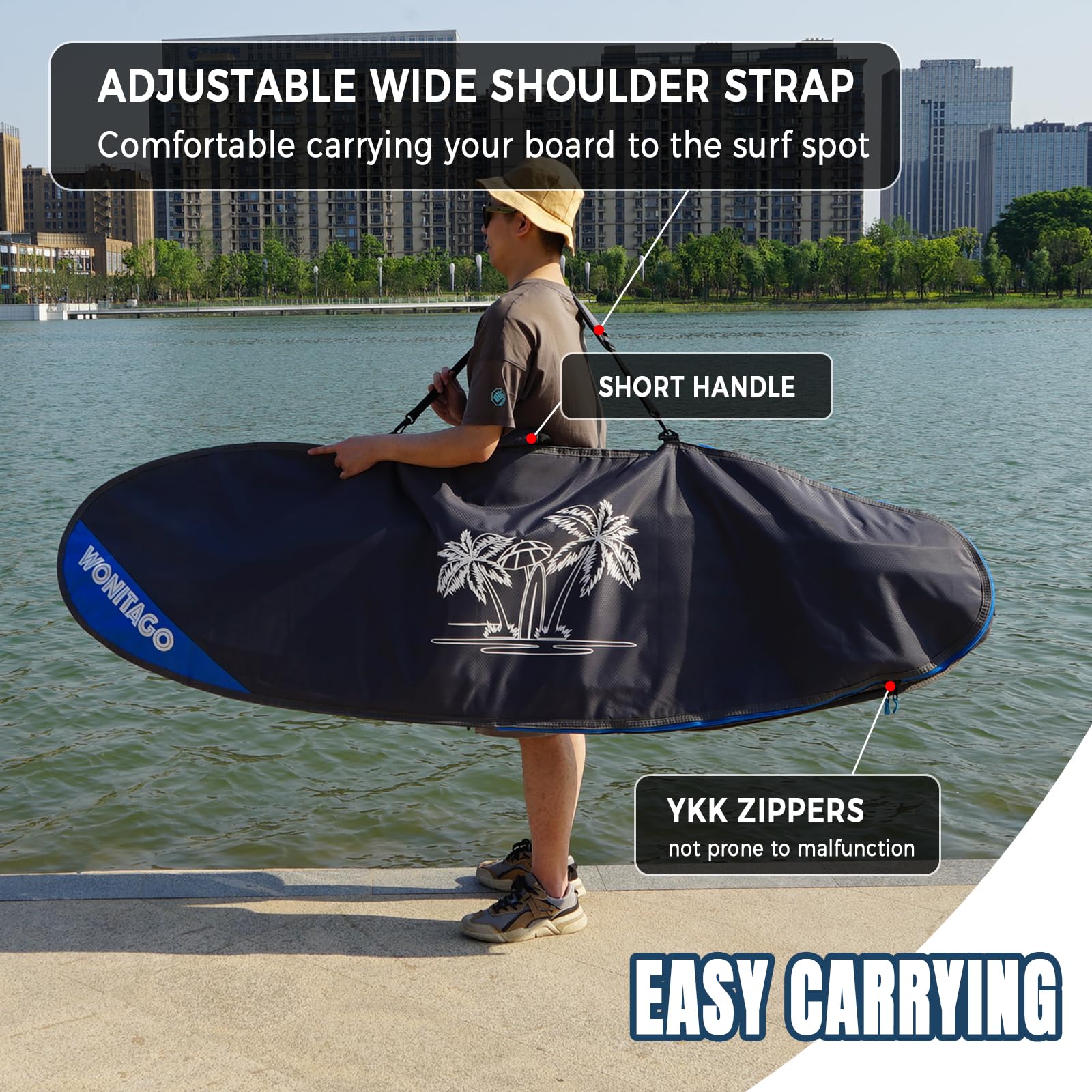 Surfboard Bag Day Shortboard und Longboard Cover verschleißfest und leicht - Größe 6'0, 6'6, 7'0, 7'6, 8'0, 8'6, 9'2, 9'6, 10'0