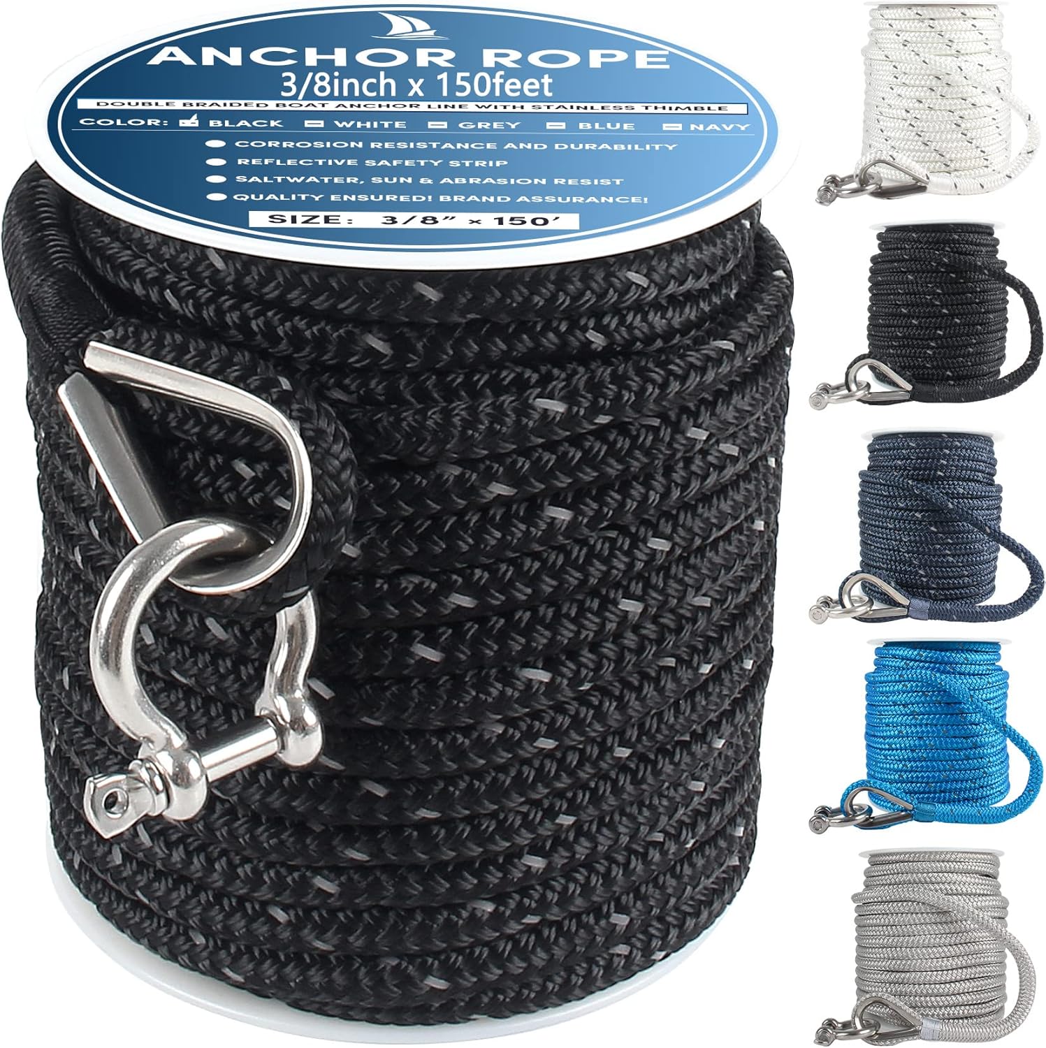 Premium Anchor Rope 150 ft x 3/8 inch, Double Braided Nylon Anchor Line