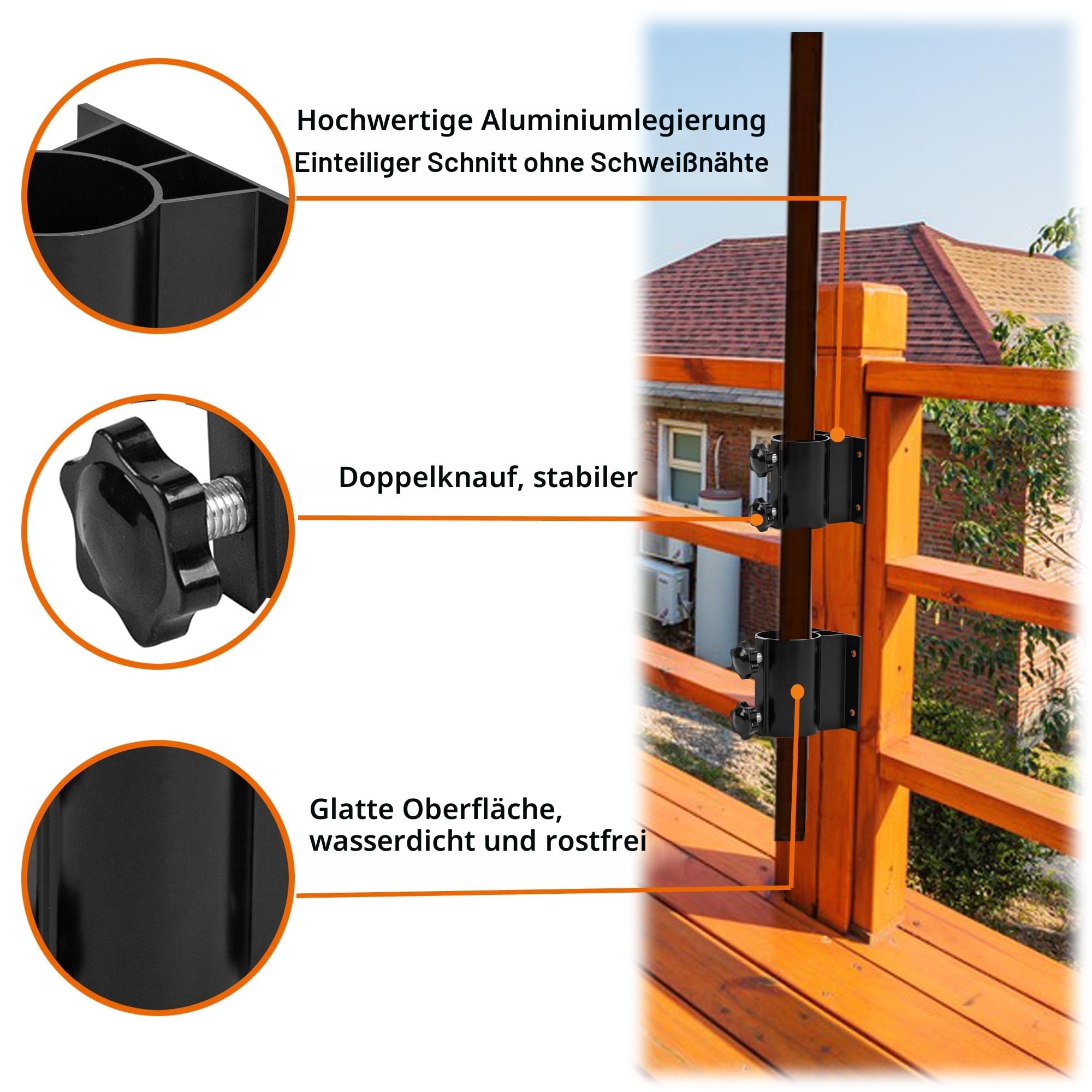 Terrassenschirmhalter, Schirmständer für den Außenbereich, Schirmklemmhalterung für Deckgeländer, Montage an Deck, Balkon oder Innenhof (passend für 33 mm–51 mm Schirmstangendurchmesser)