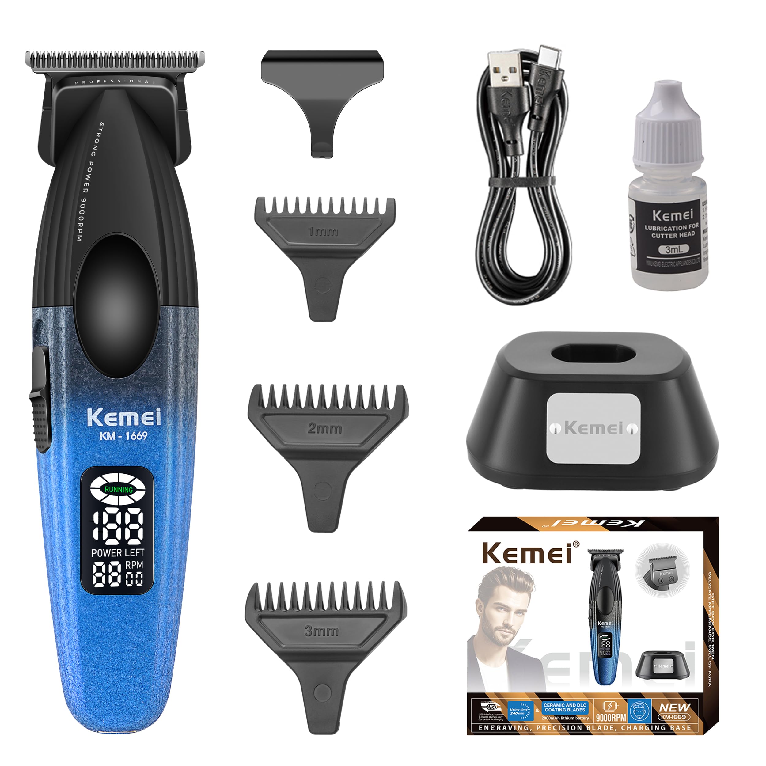 KEMEI 1669 - Regolabarba da uomo, senza fili, con display a LED, 9000 giri/min, per barbiere con base di ricarica, lama a T rivestita in DLC