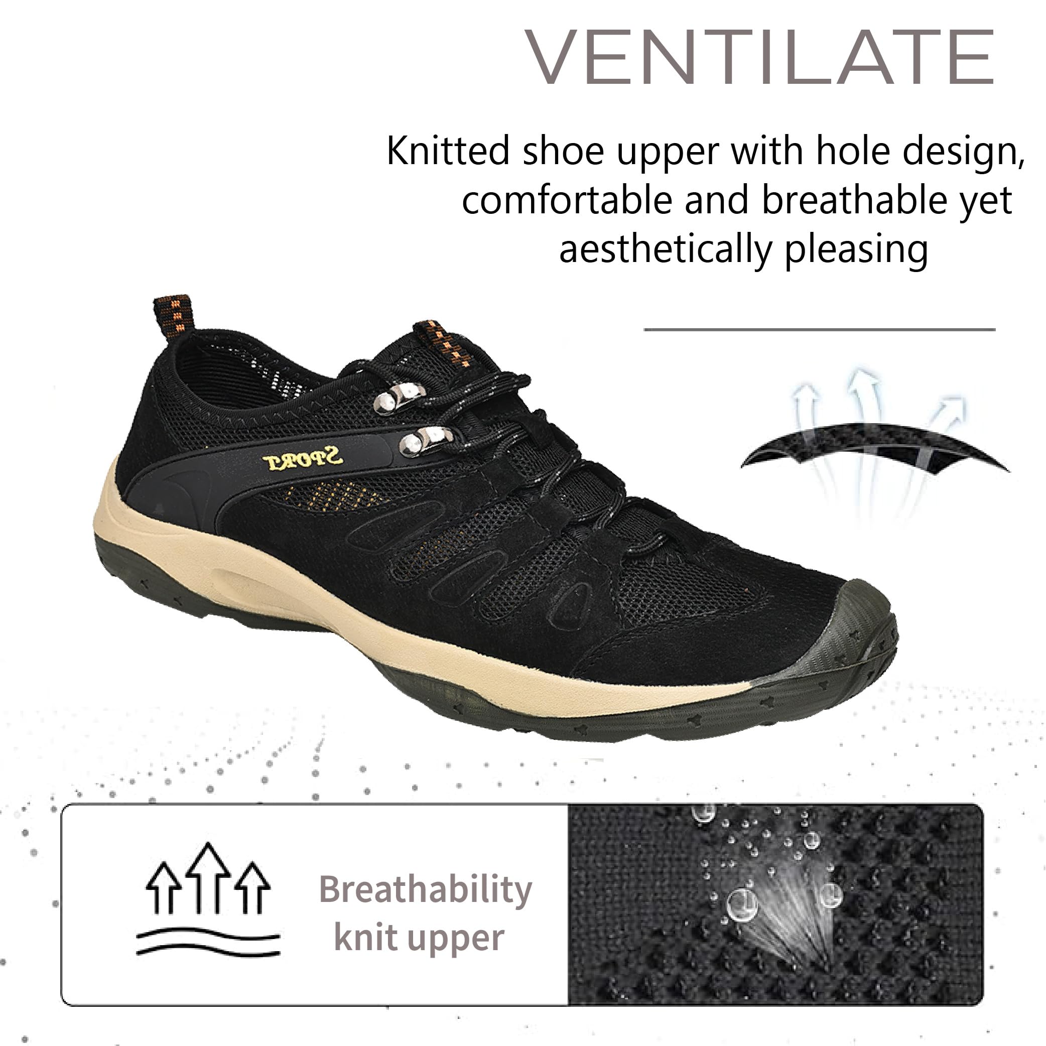 Mens Sports Water Shoes Lightweight Breathable Hiking Outdoor Quick Dry Beach Shoes Waterproof Anti-Slip Black 9 US