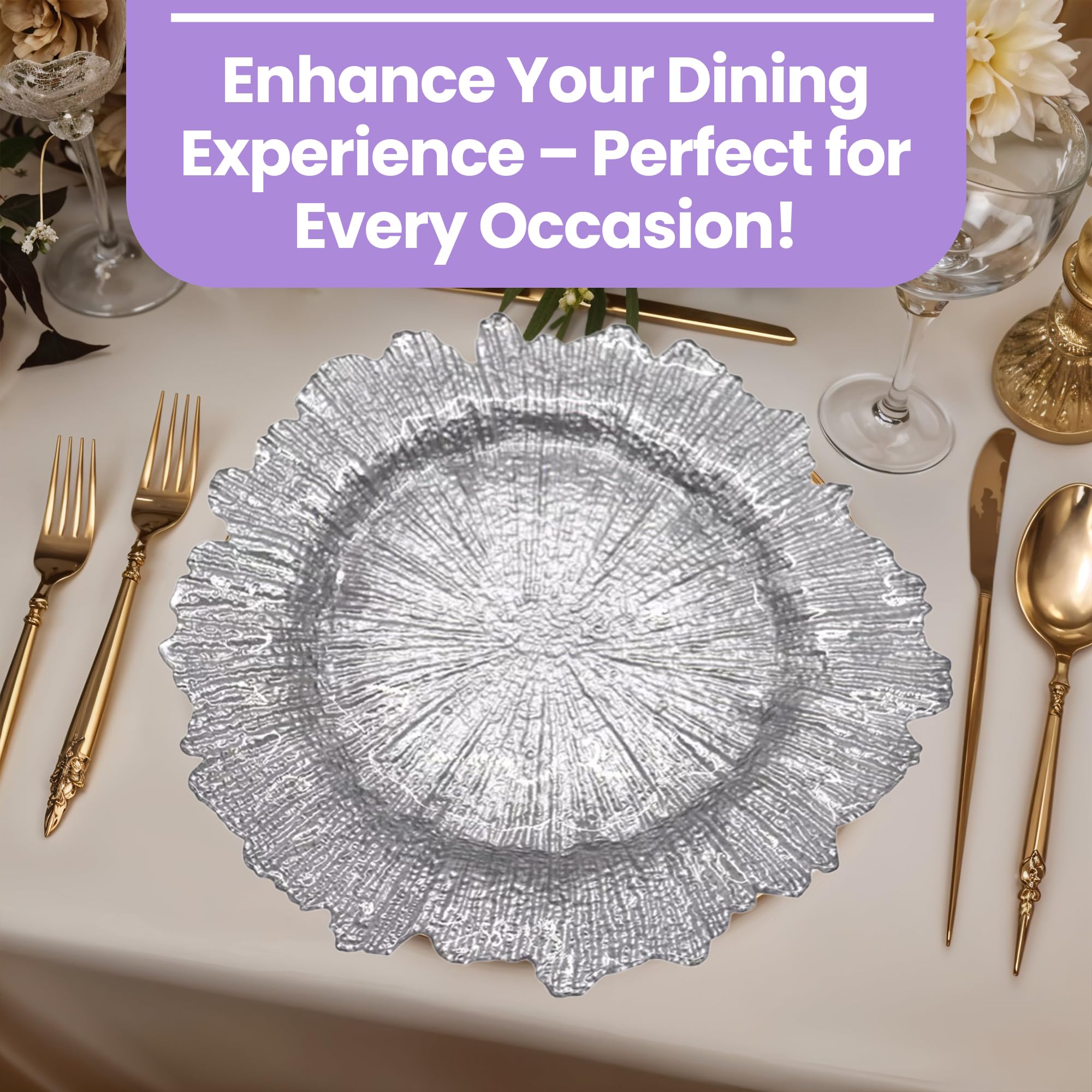 Platos de carga plateados de diseño vintage – 33 cm elegantes platos de polipropileno para bodas, fiestas, aniversarios, cumpleaños, vajilla, eventos de catering y eventos especiales – Juego de 6