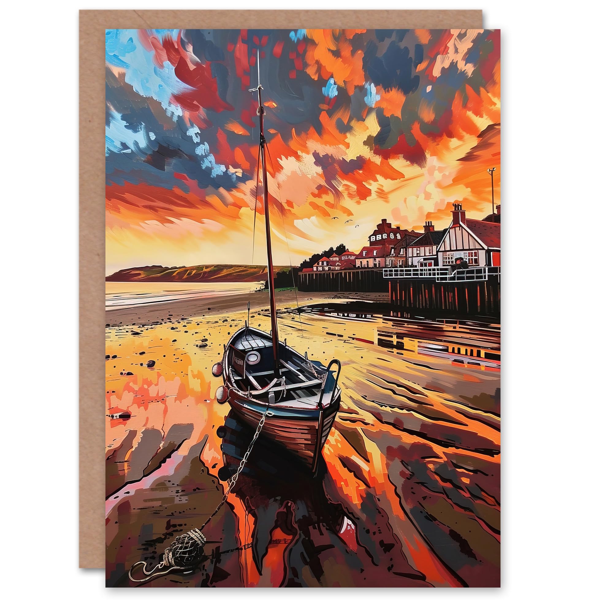 Artery8 Greeting Card Fishing Boat Atmospheric Clouds Sunset Saltburn Blank For Him Or Her Art Birthday Card