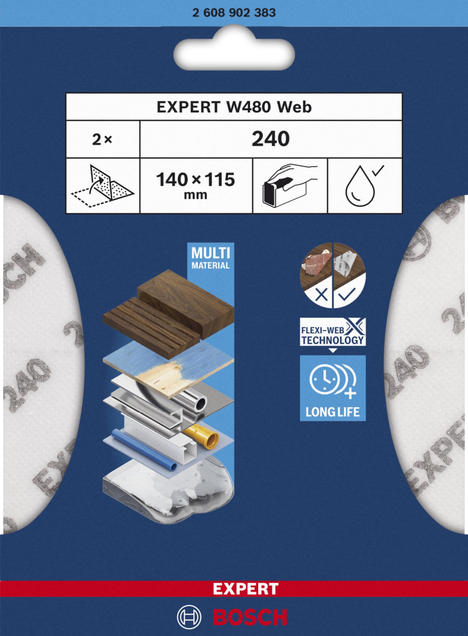 Bosch 2x EXPERT W480 Web 1/4 tarcza szlifierska ręczna (do twardego drewna, farba na drewnie, Ø 115 x 140 mm, ziarnistość 240, profesjonalne akcesoria do szlifowania ręcznego)