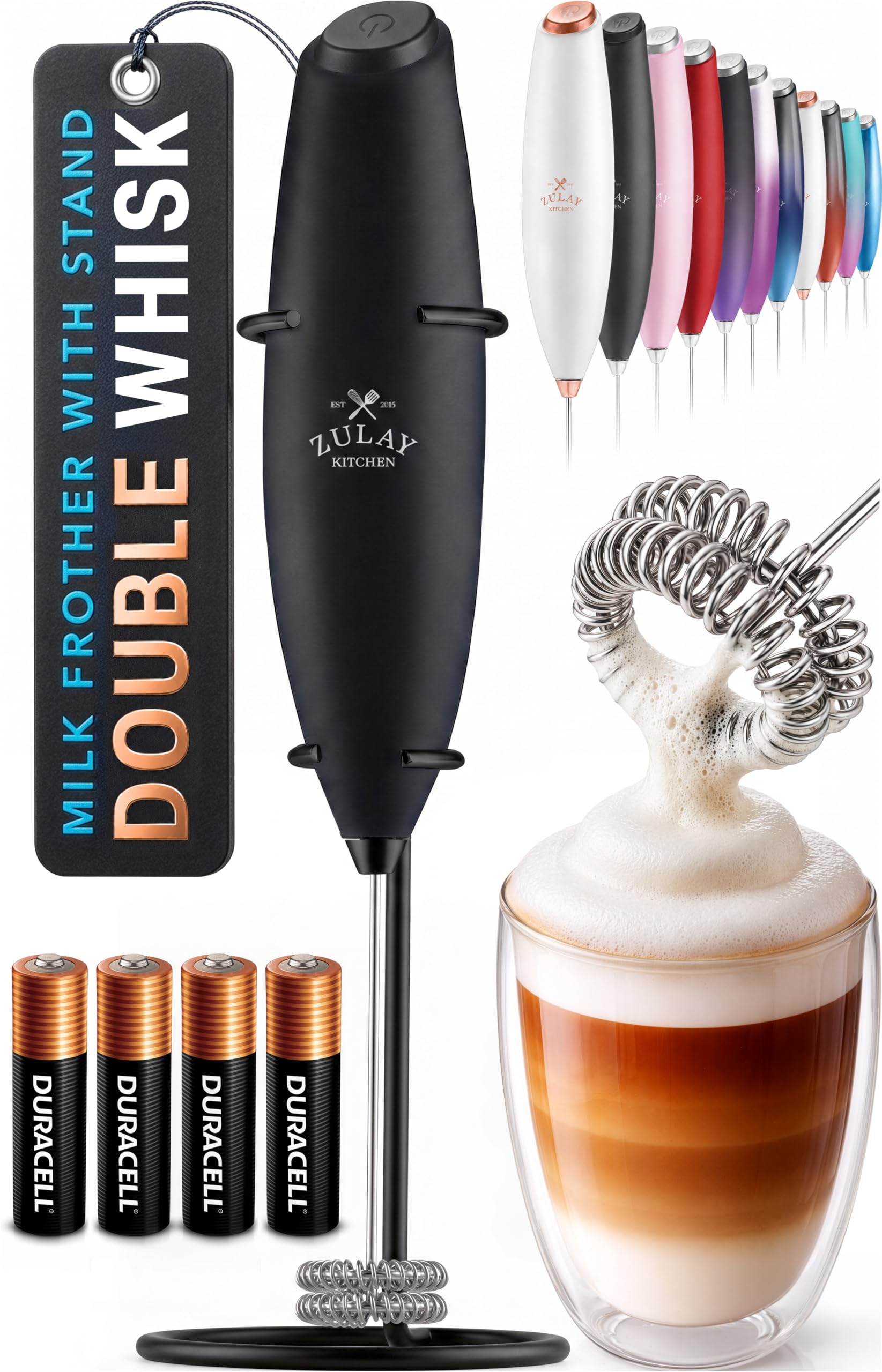 Zulay Kitchen Powerful Milk Frother Wand With Duracell Batteries - Ultra Fast Handheld Drink Mixer - Electric Whisk Foam Maker for Coffee, Lattes, Cappuccino &amp; Matcha - Double Whisk - Exec Black