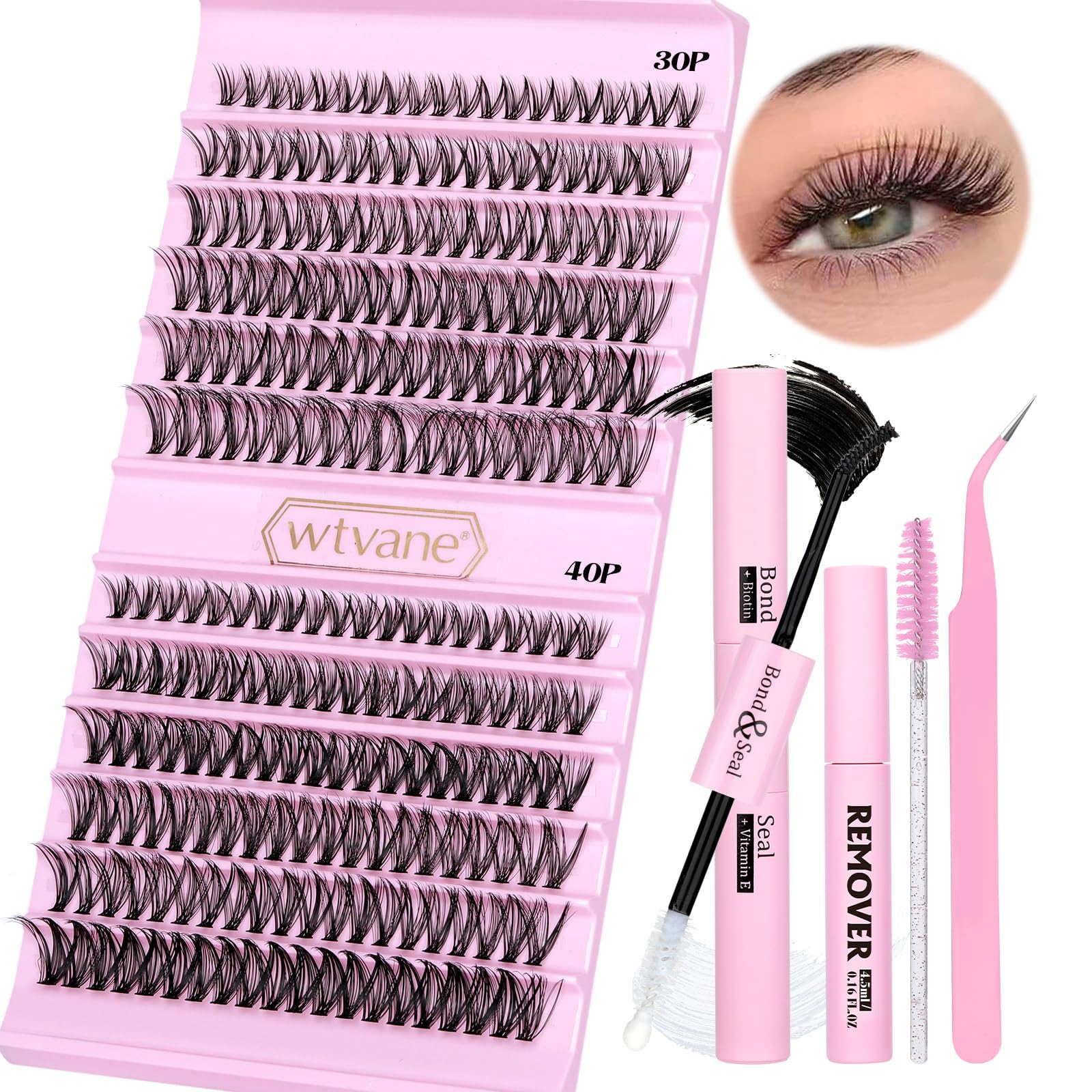 Lash Extension Kit 240pcs Cluster Lashes Kit 30D 40D Lash Clusters D Curl 9-16mm Individual Lashes with Bond and Seal Eyelash Extension Kit with Lash Applicator for DIY Lash Extension by wtvane