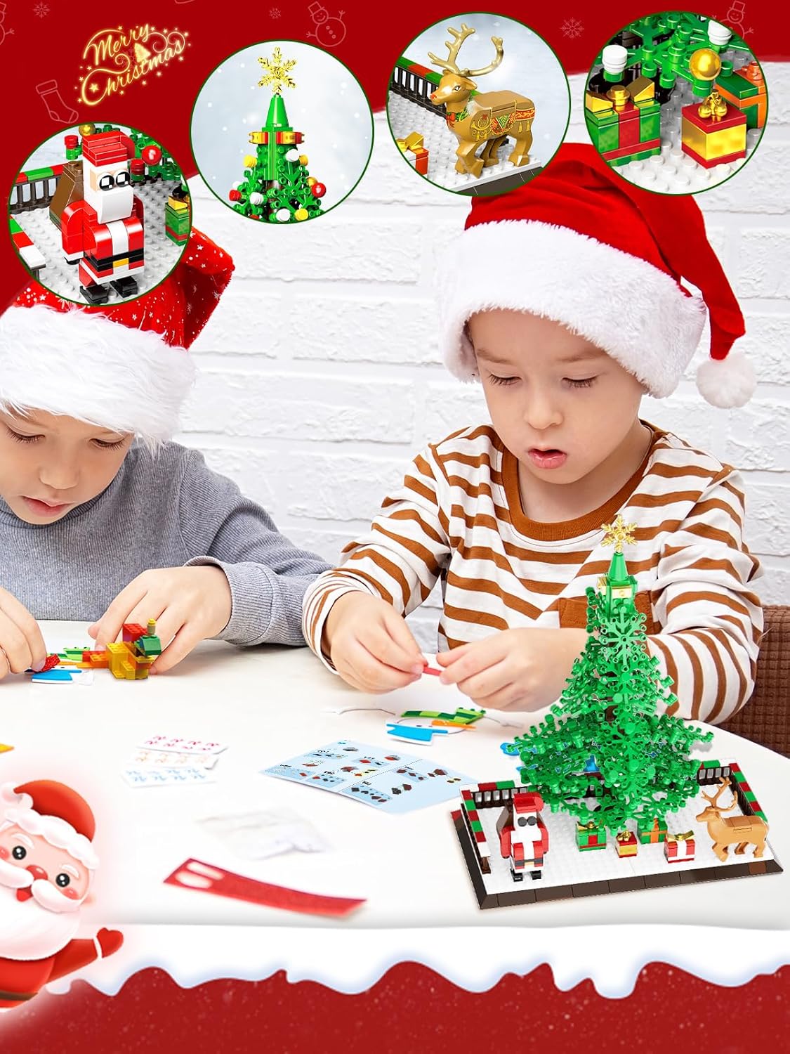 Christmas Tree Building Blocks, Christmas Decorations Set with Santa Claus & Reindeer, Creative Tabletop Decor Xmas Gifts Toys for Kids Adults Teen Boys & Girls
