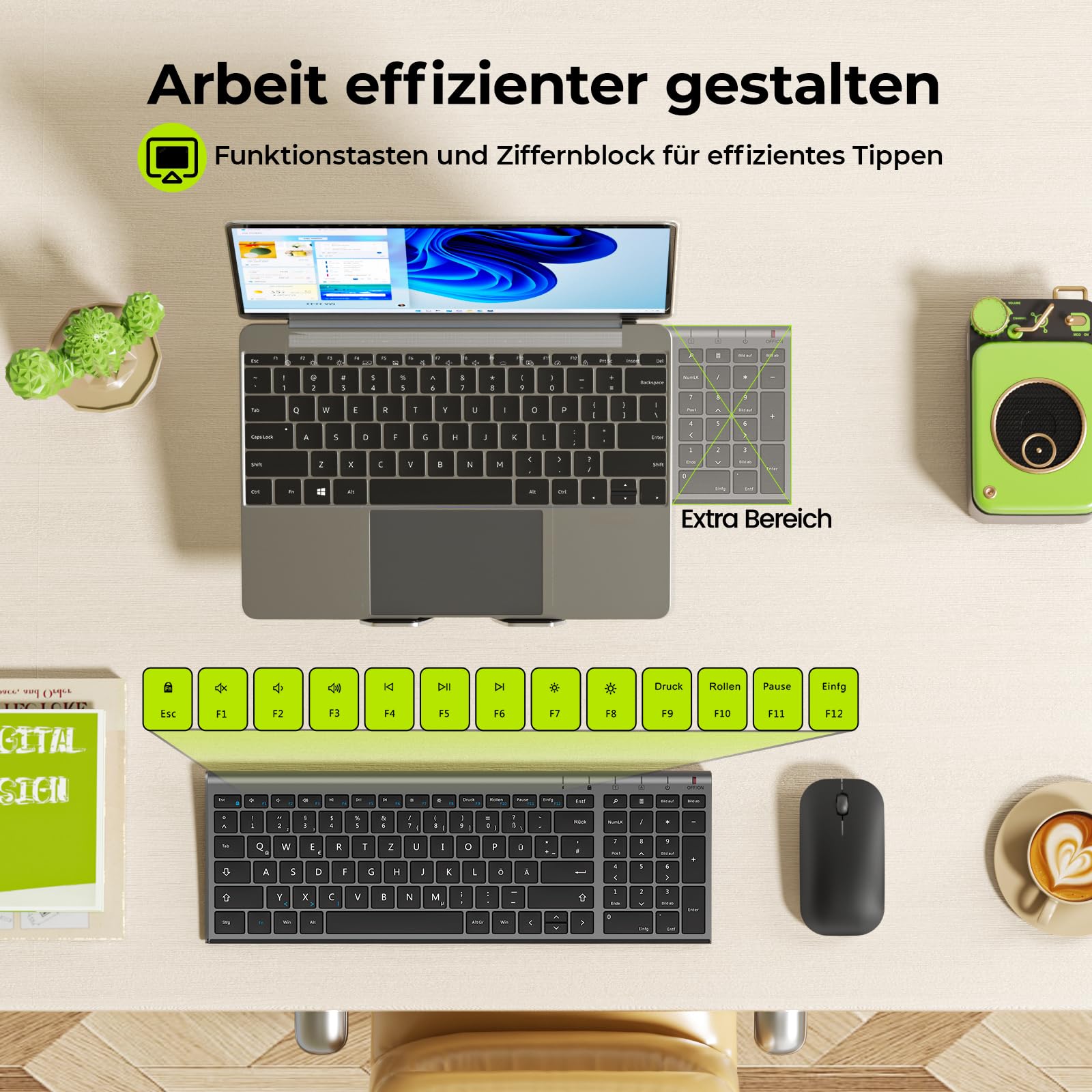 seenda WGJP-031B Ensemble clavier souris sans fil rechargeable en aluminium avec clavier sans fil compact et ultra fin avec souris pour PC/ordinateur portable/Smart TV, disposition QWERTZ (gris)