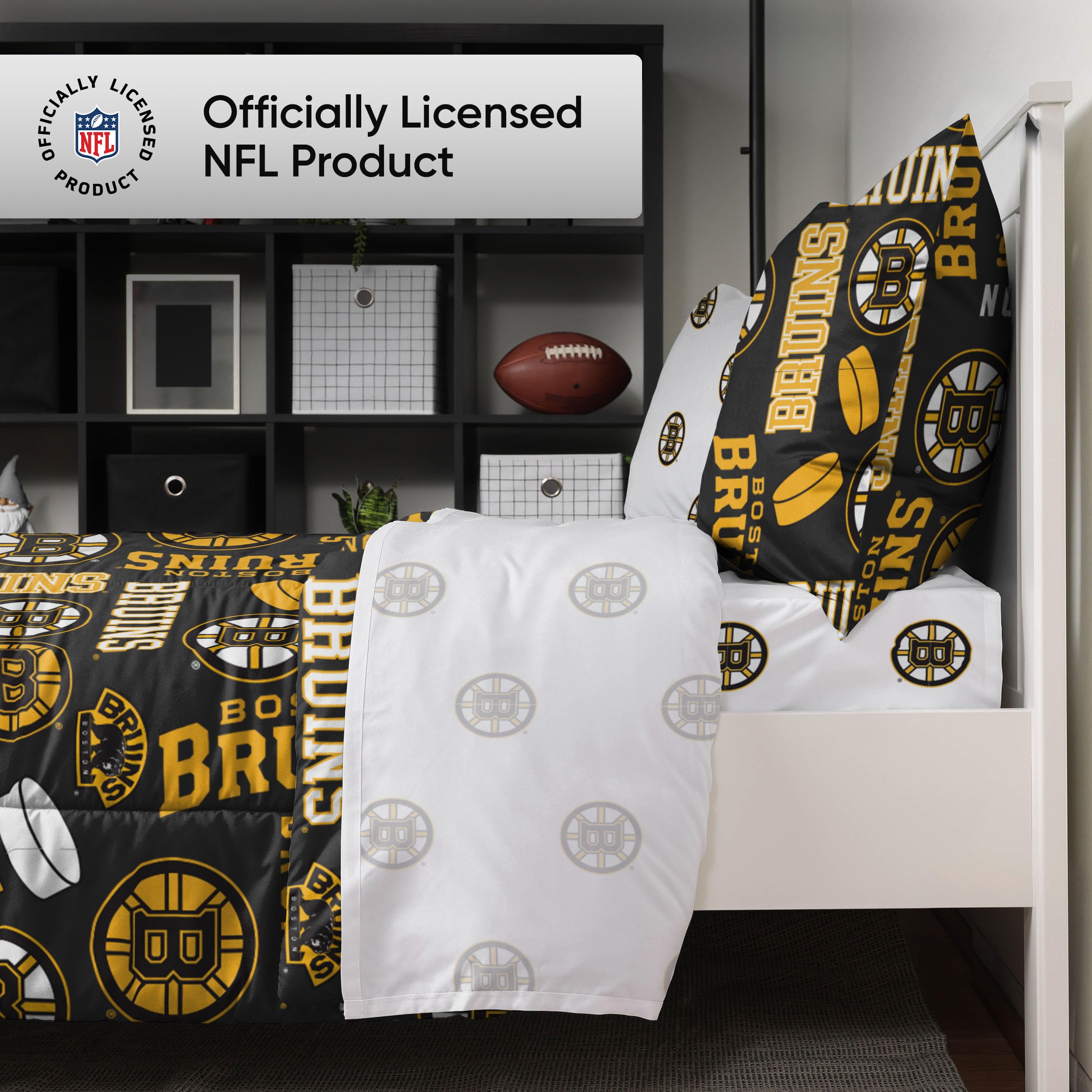 FOCO Boston Bruins NHL Team Color Bed in a Bag Comforter Bedding 5 Piece Set - Full