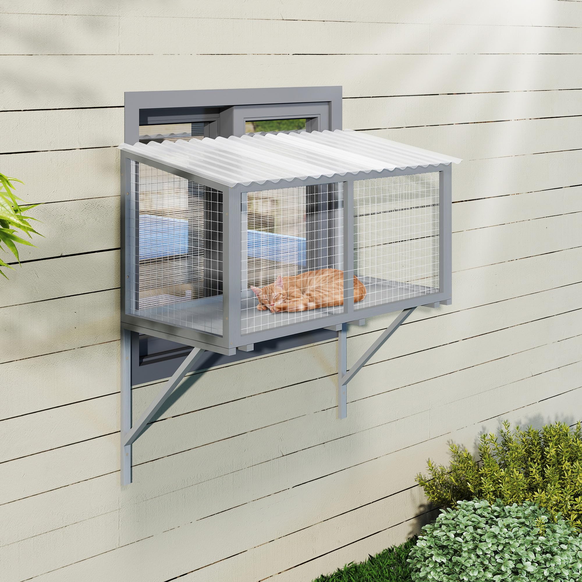 Ventana para gatos Catio de madera para exteriores, resistente a la intemperie, con malla de alambre galvanizado y techo de PVC, gran plataforma de observación para gatos, estable para montar en la