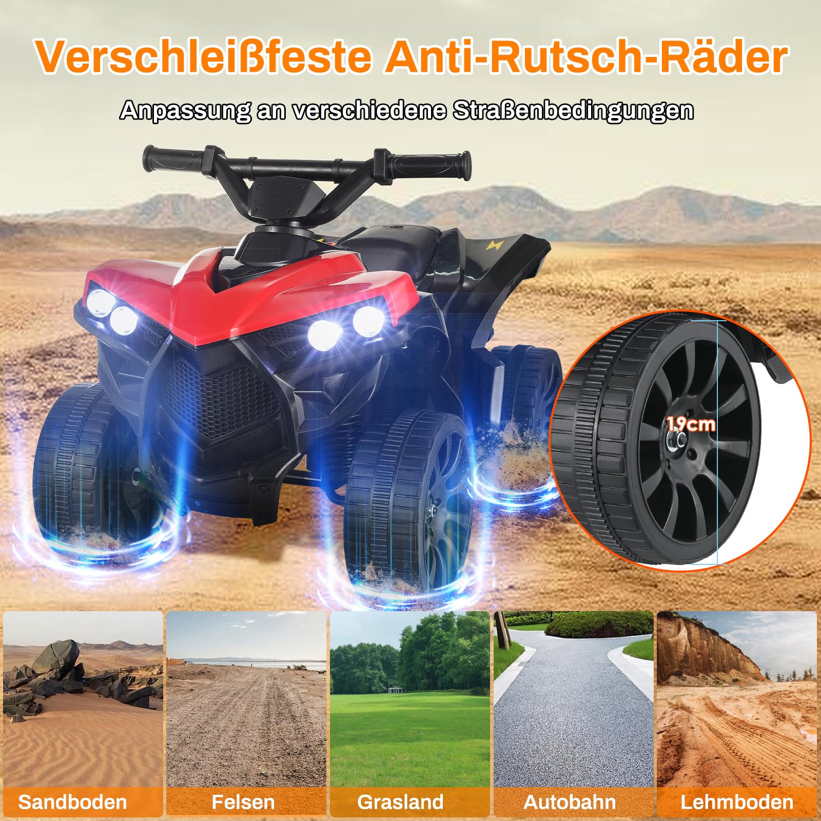 MAMIZO 6V Quad électrique Enfant, Voiture électrique Enfant 3 KM/H, 3-5 Ans | Quad Moto Électrique, avec MP3, Trompette & LED Phare, Fonction marche avant/arrière, 4 roues, Rouge