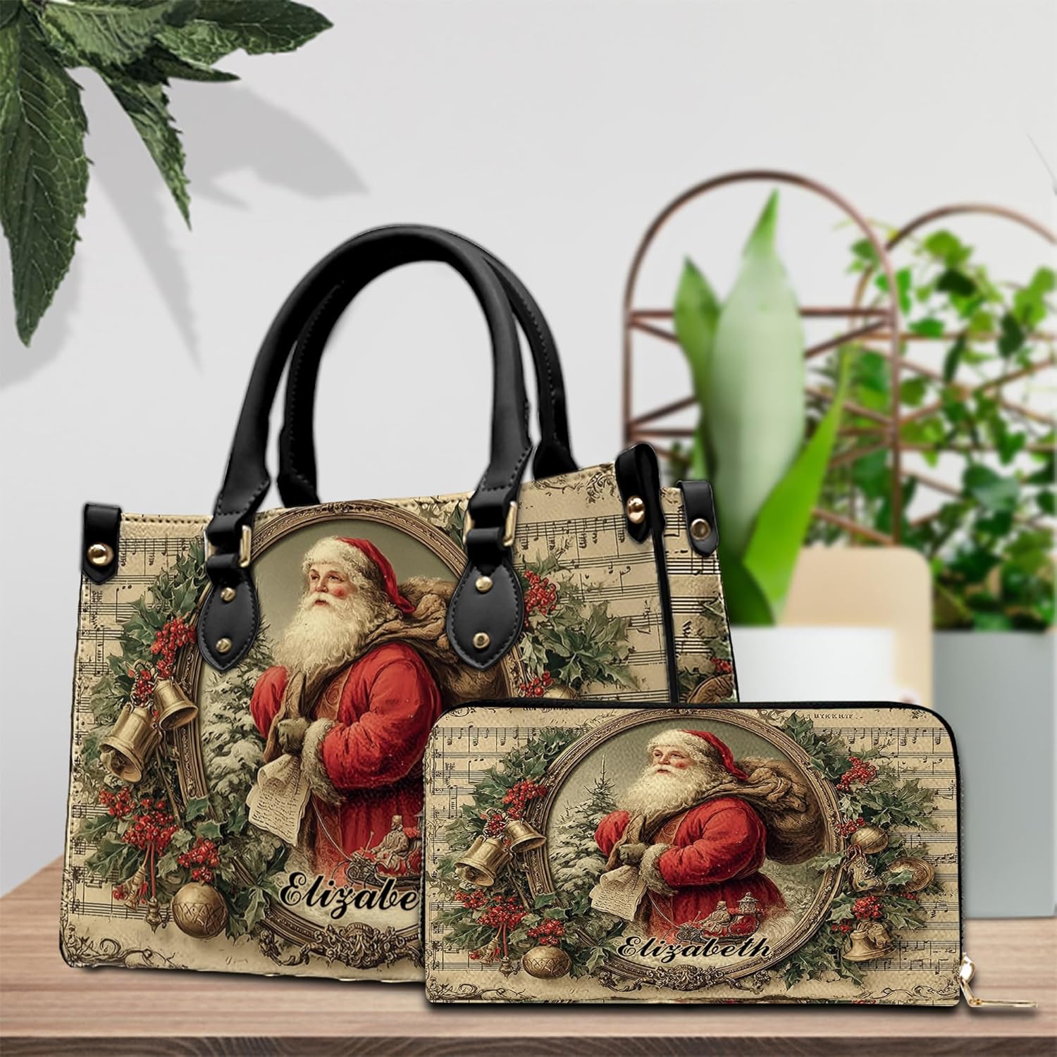 Personalized Vintage Christmas Leather Handbag, Classic Santa Purse Set, Festive Holiday Gift for Woman, Mom, Friend - Image 3