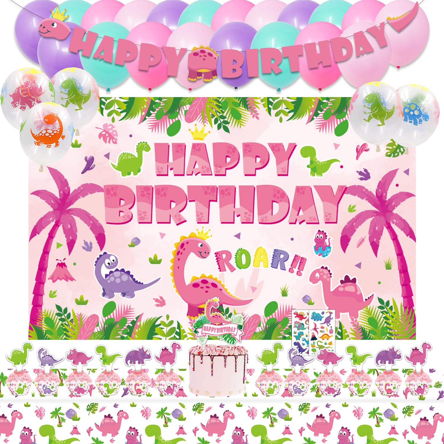 Mpanwen Girl Dinosaur Birthday Party Supplies, Pink Dinosaur Dino Party Decorations for Girls Baby - Backdrop, Banner, Cake, Cupcake Toppers, Cupcakes