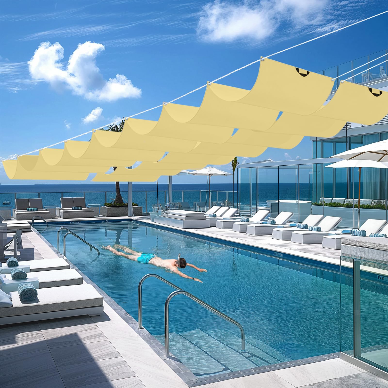 Toldo Corredero 1 x 11 m Impermeable, 98% Rayos UV Resistente Al Desgarro, Impermeable Ondulada Toldo Vela de Sombra, con Ojales y Cuerdas para Balcon, Patio, Color Crema