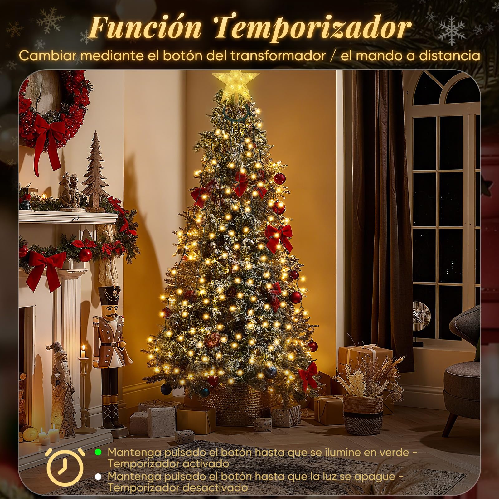 Salcar - Guirnalda luminosa para árbol de Navidad, 1,5 m, con anillos, 10 guirnaldas y estrella con mando a distancia, 260 luces LED para árbol de Navidad, interior exterior, blanco cálido