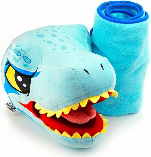 Miniatura 9 de Jurassic World Reposabrazos de cabeza de dinosaurio juguete de viaje de peluche con manta de 13 pulgadas  Juego de almohada de viaje para niños (T