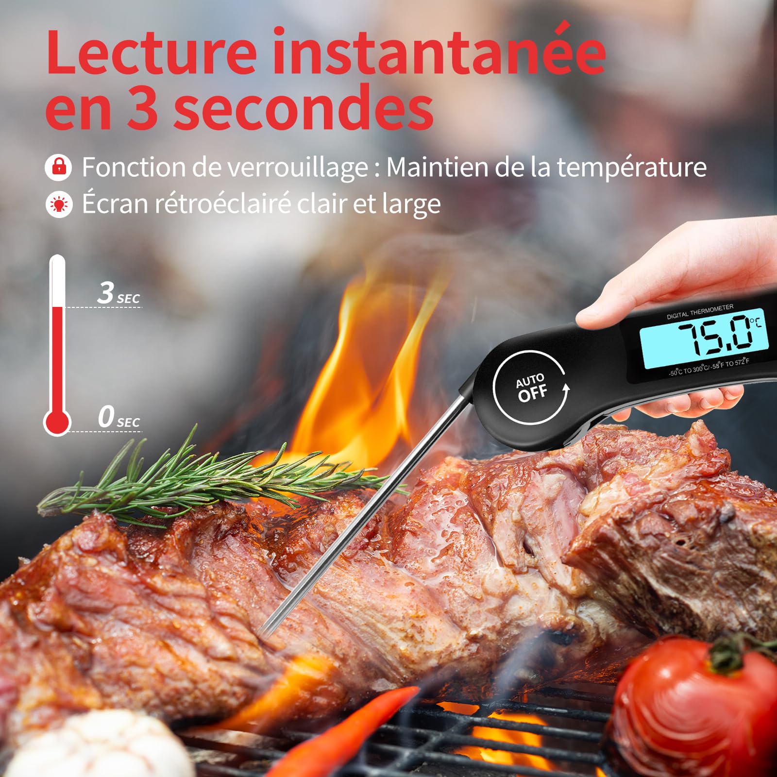 DOQAUS Thermometre Cuisine 3s Lecture instantané Thermomètre viande Écran LCD Auto On/Off Sonde Pliable Cuisson BBQ